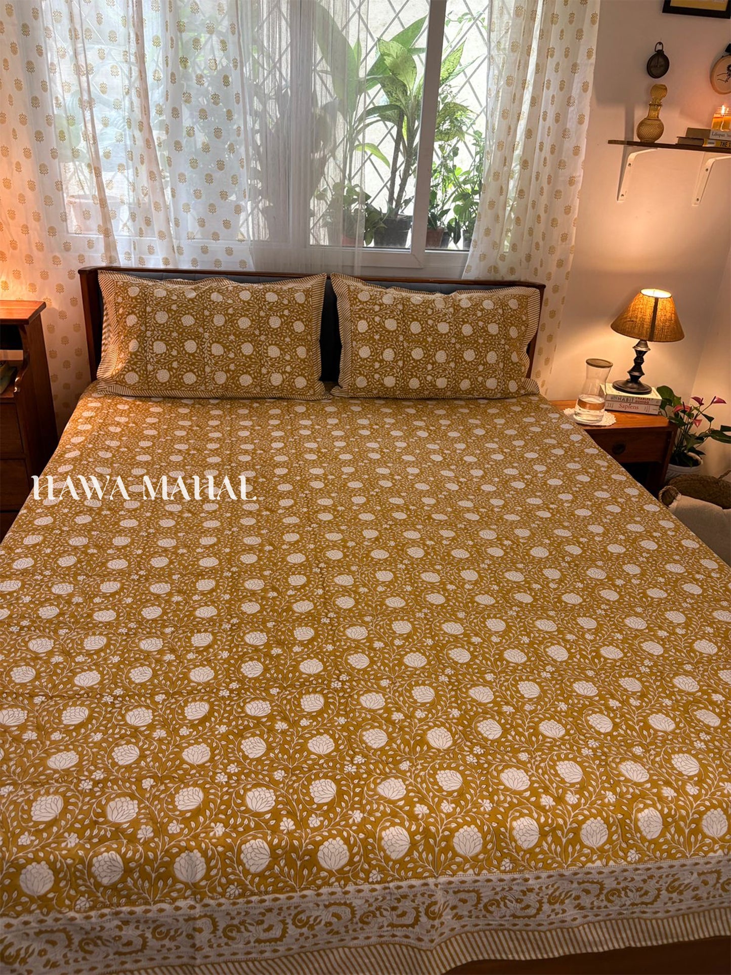 Mustard Hand Block Printed King Bedsheet with Reversible Pillow Covers (90 x 108 inches)