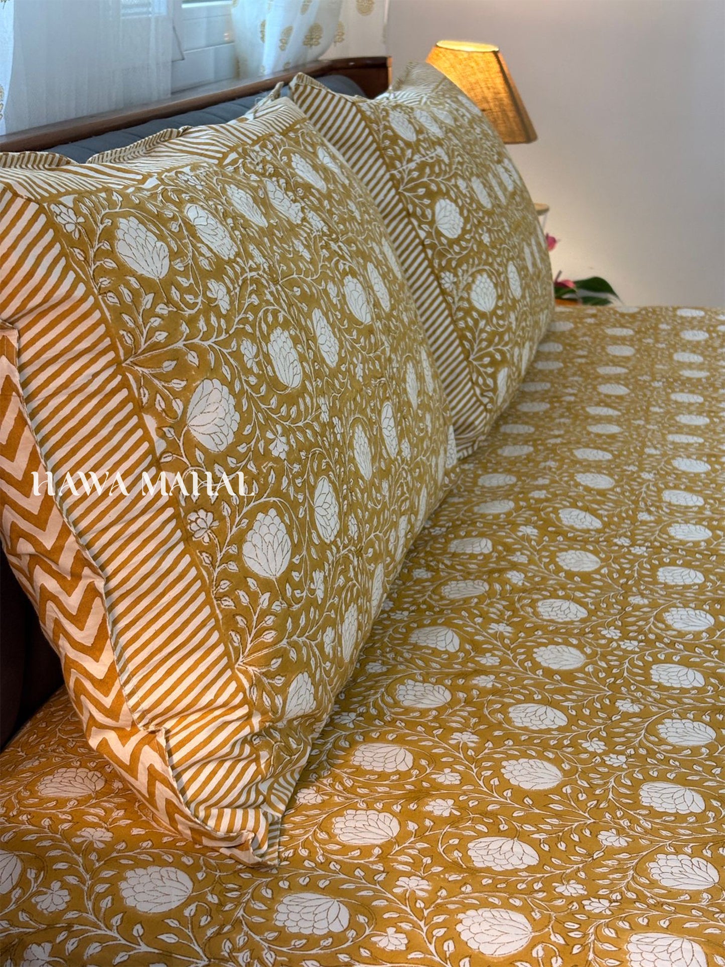 Mustard Hand Block Printed King Bedsheet with Reversible Pillow Covers (90 x 108 inches)