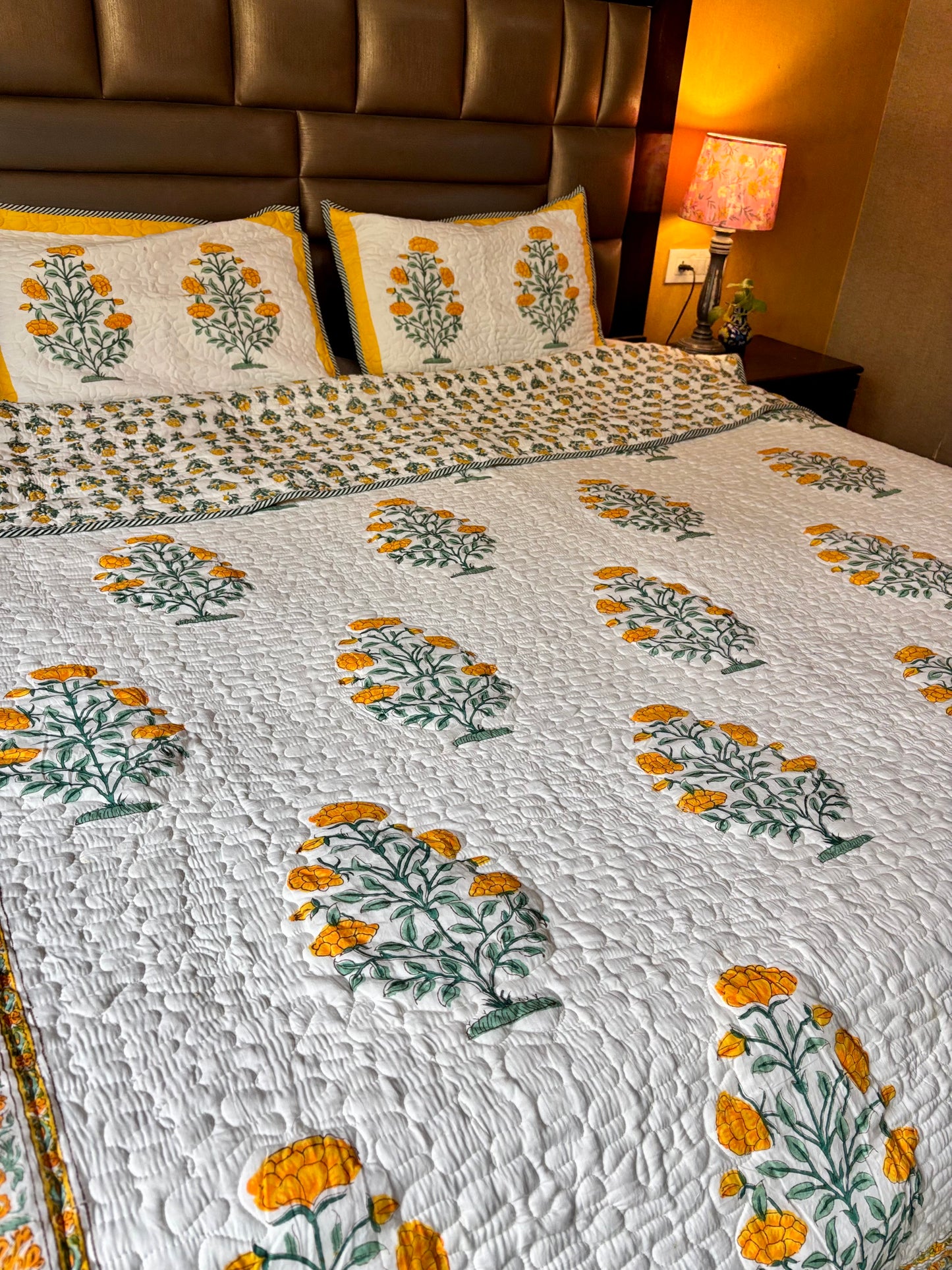 Gulmohar Bagh Collection - Handcrafted Quilted Cotton Bedcover with Two Pillow Covers