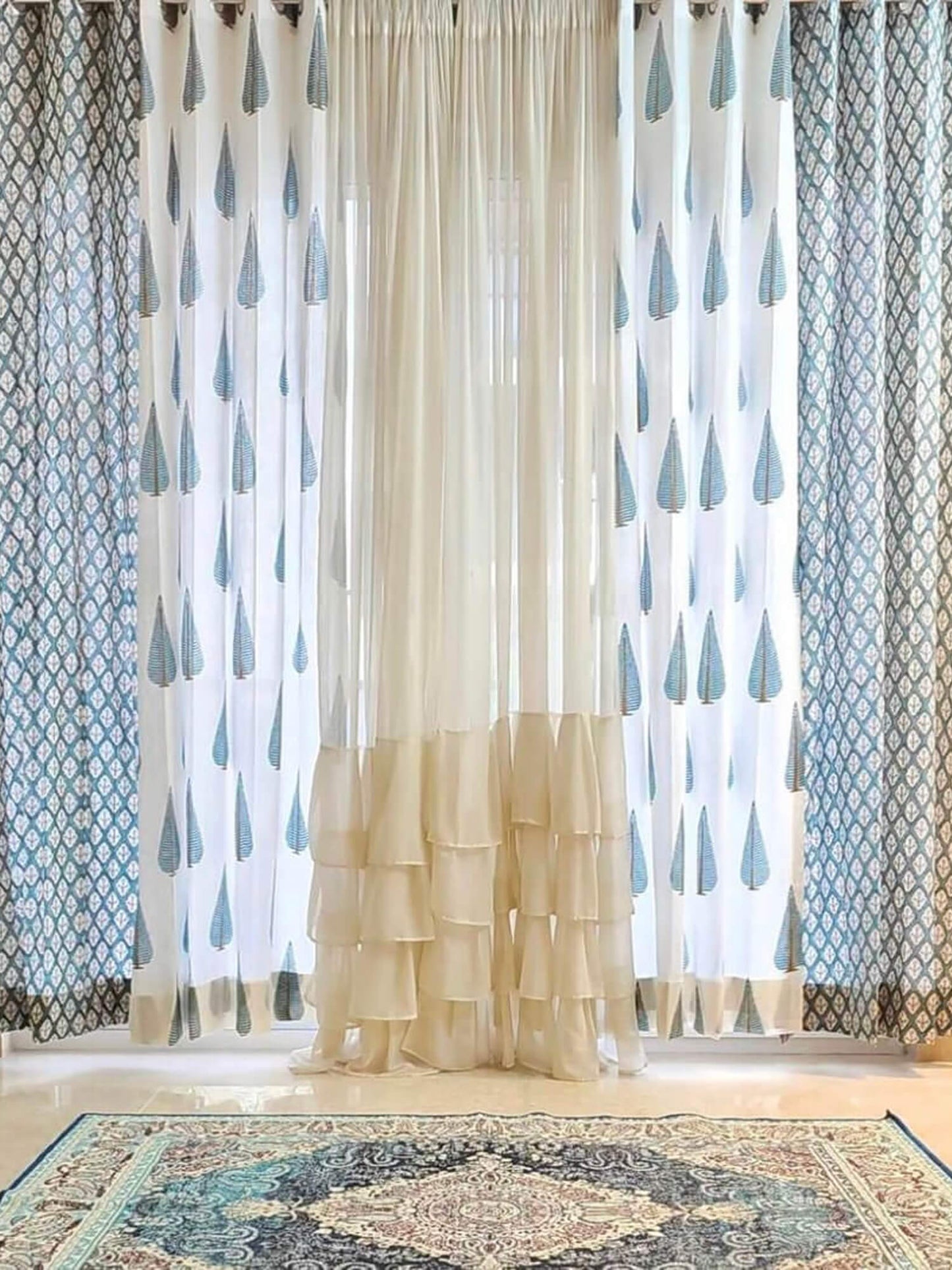 Block Print Curtain- Blue Cypress and Jaal