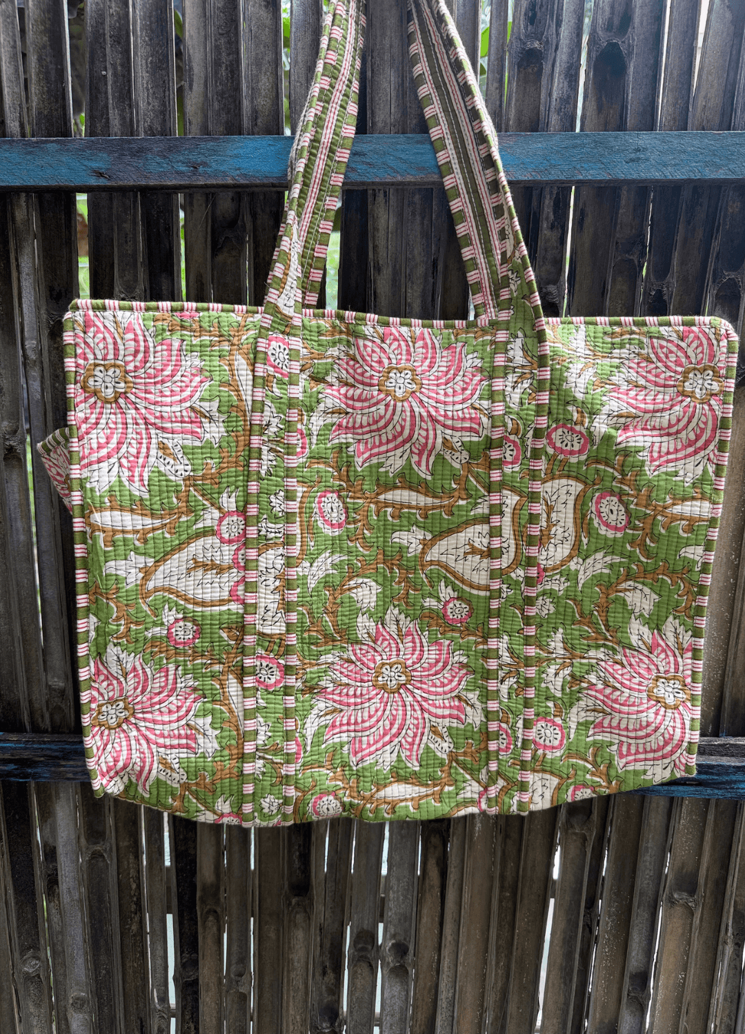 Block Printed Big Tote with bottle holder
