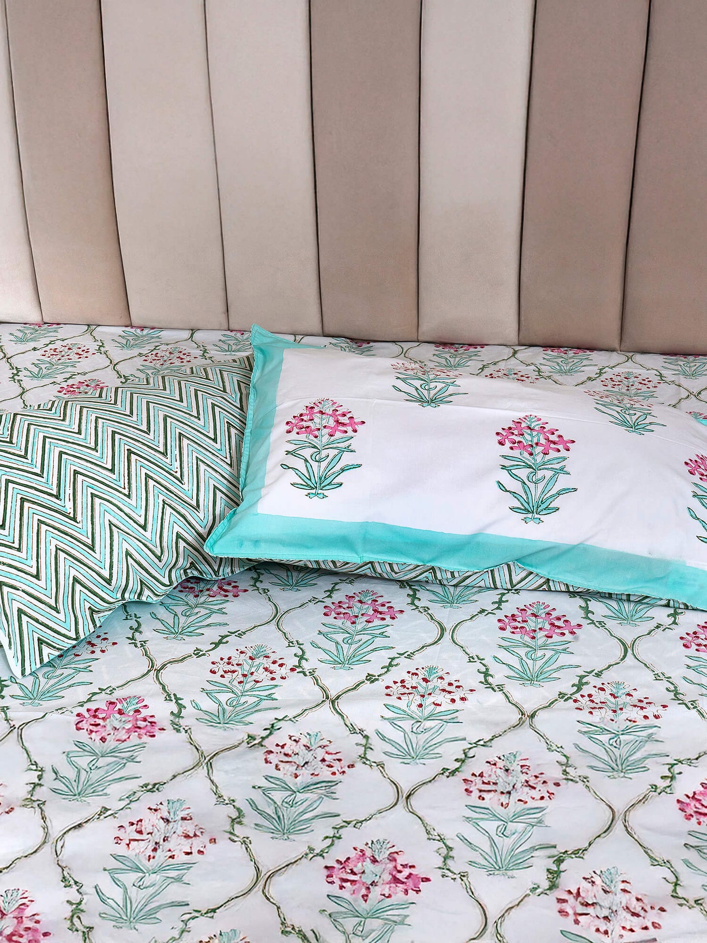 Mughal Bagh Collection - Hand Block Printed King Bedsheet with Reversible Pillow Covers (90 x 108 inches)