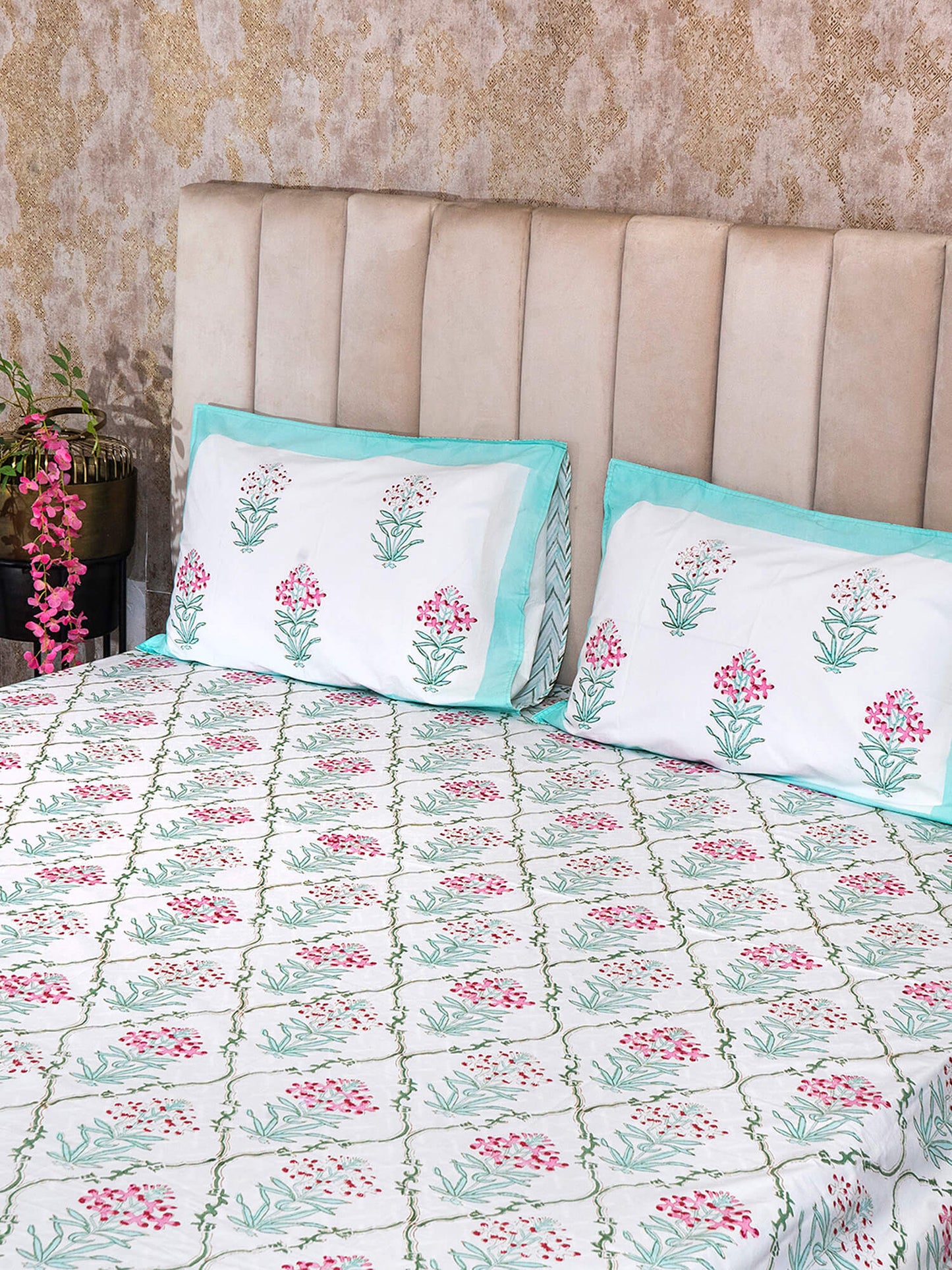 Mughal Bagh Collection - Hand Block Printed King Bedsheet with Reversible Pillow Covers (90 x 108 inches)