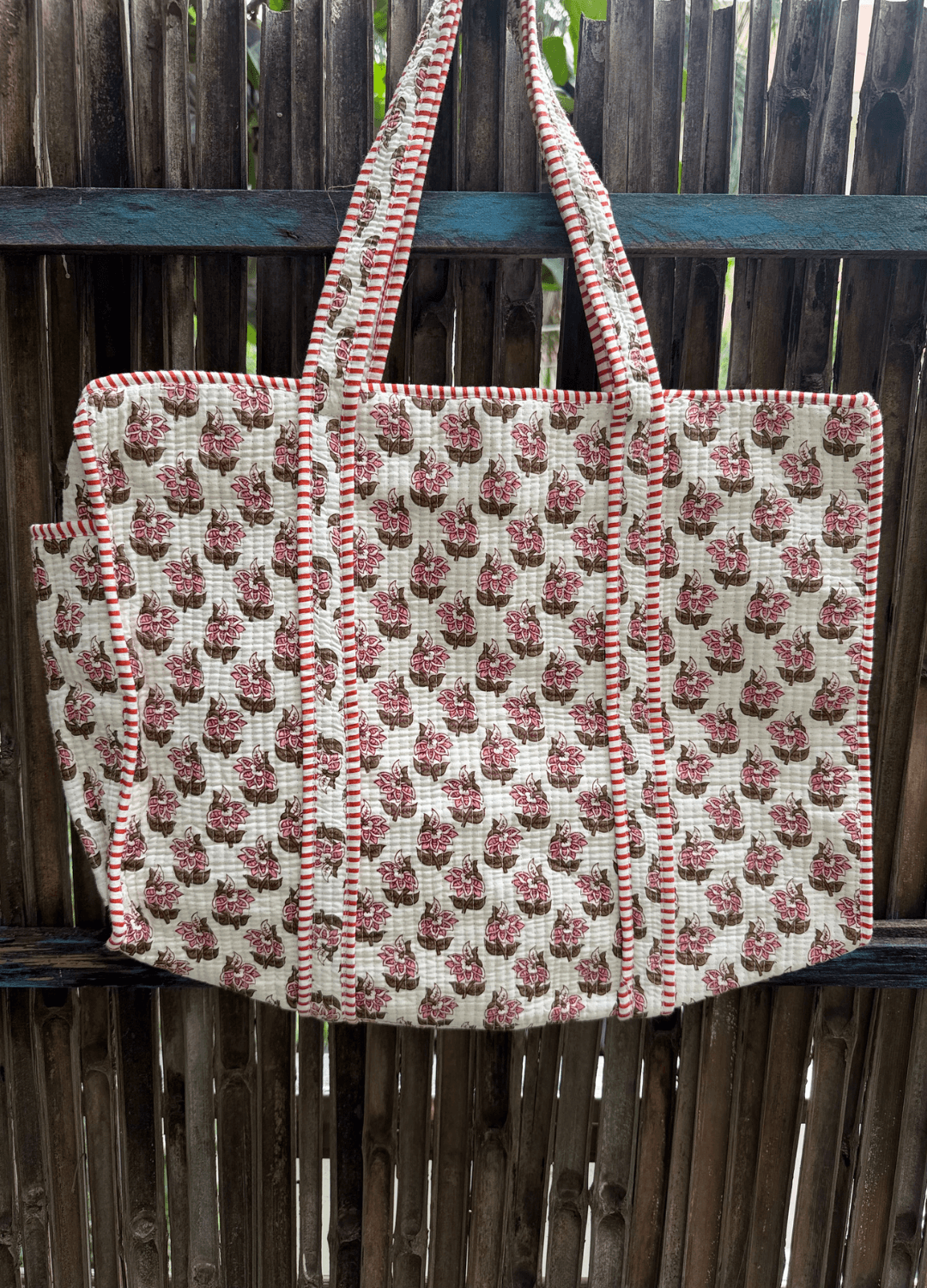 Block Printed Big Tote with bottle holder