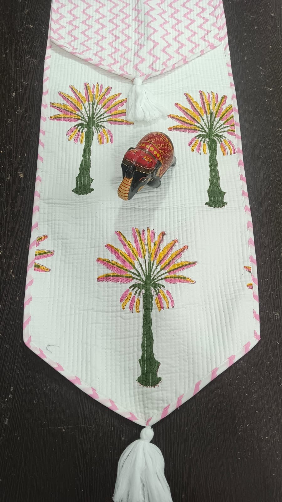 Hand Block Quilted Table Runner - Pink