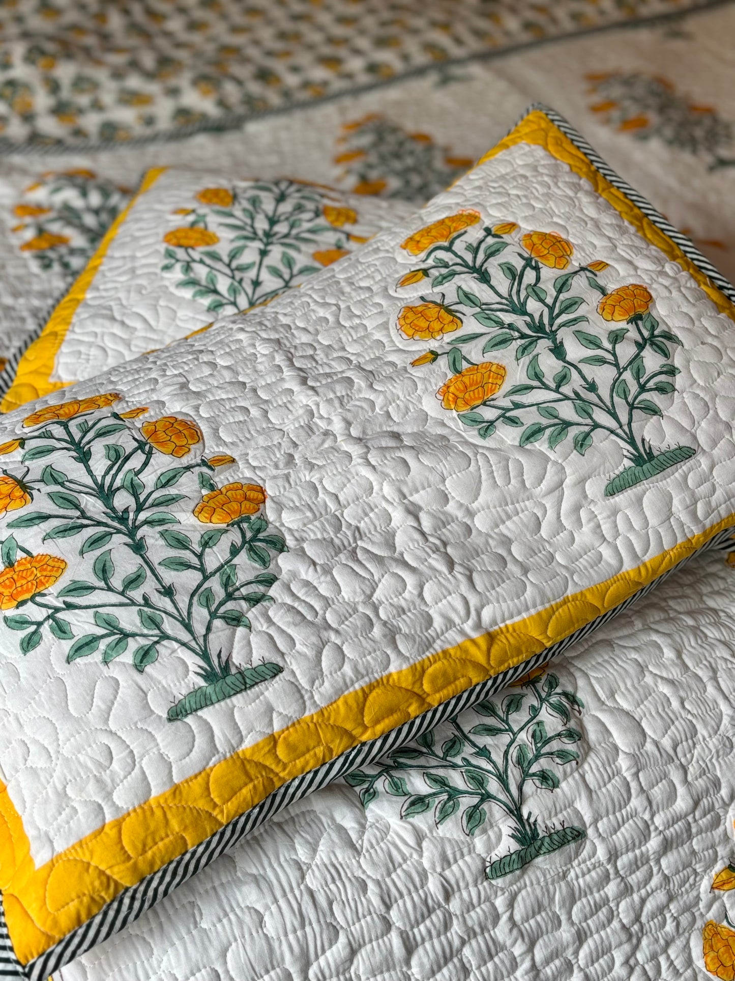 Gulmohar Bagh Collection - Handcrafted Quilted Cotton Bedcover with Two Pillow Covers