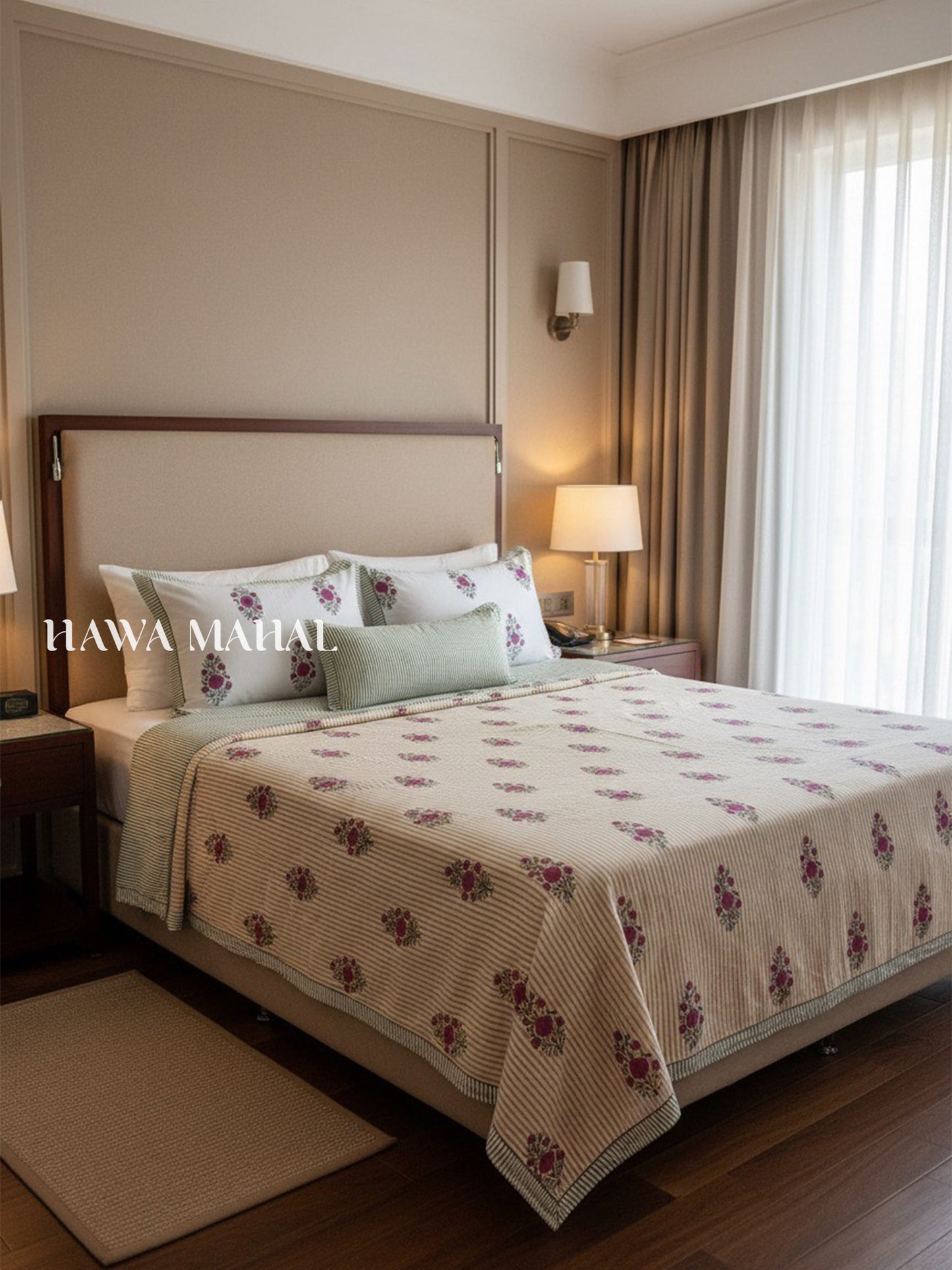 Gulnaar Hand Block Printed Super King Bedsheet with Reversible Pillow Covers (108 x 108 inches)
