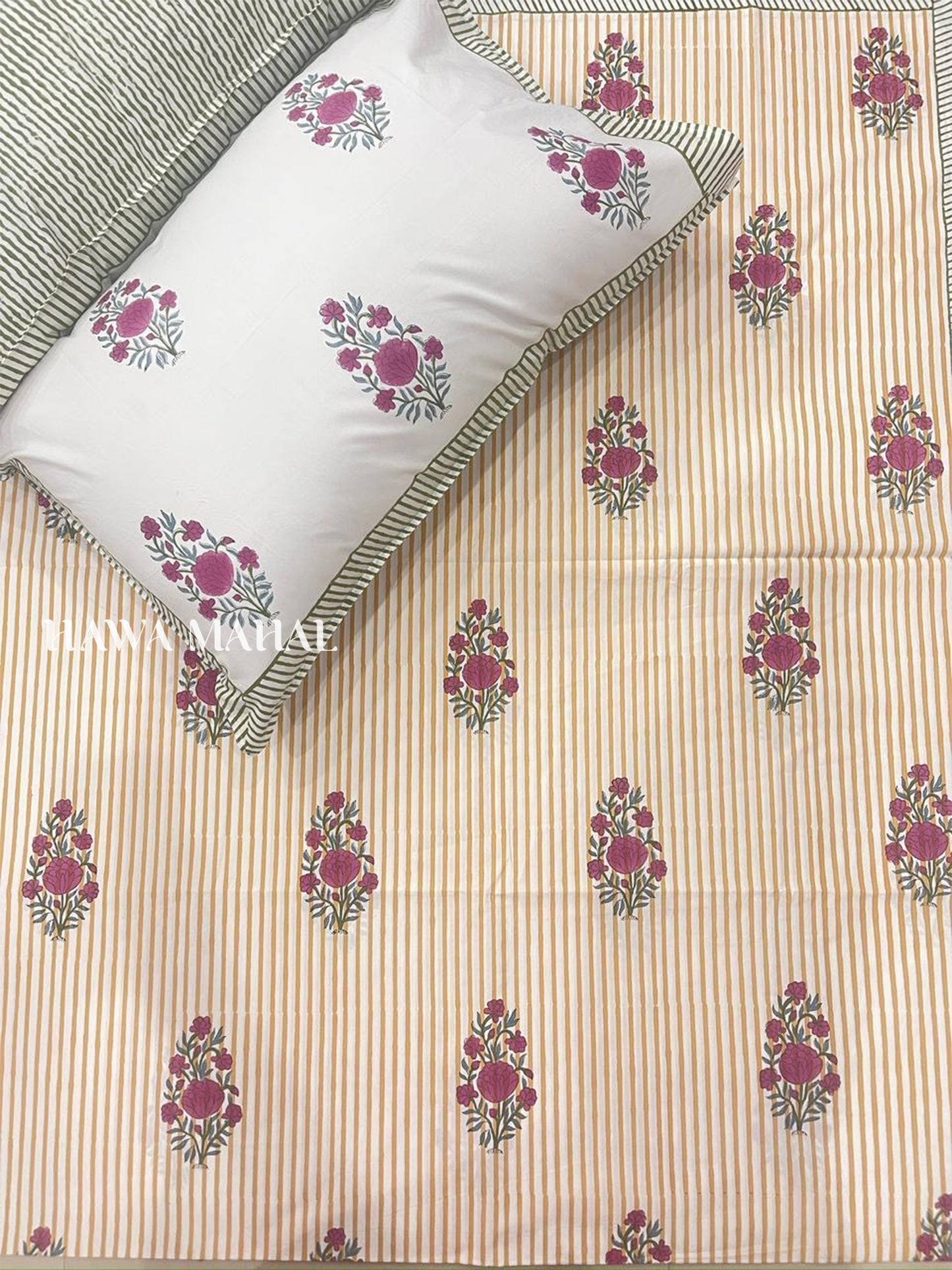 Gulnaar Hand Block Printed Super King Bedsheet with Reversible Pillow Covers (108 x 108 inches)