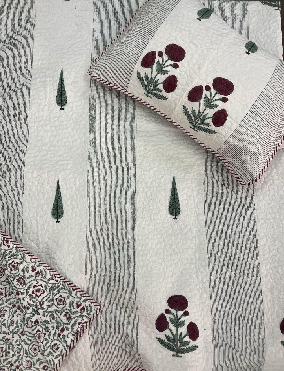 Handcrafted Quilted Cotton Bedcover with Two Pillow Covers