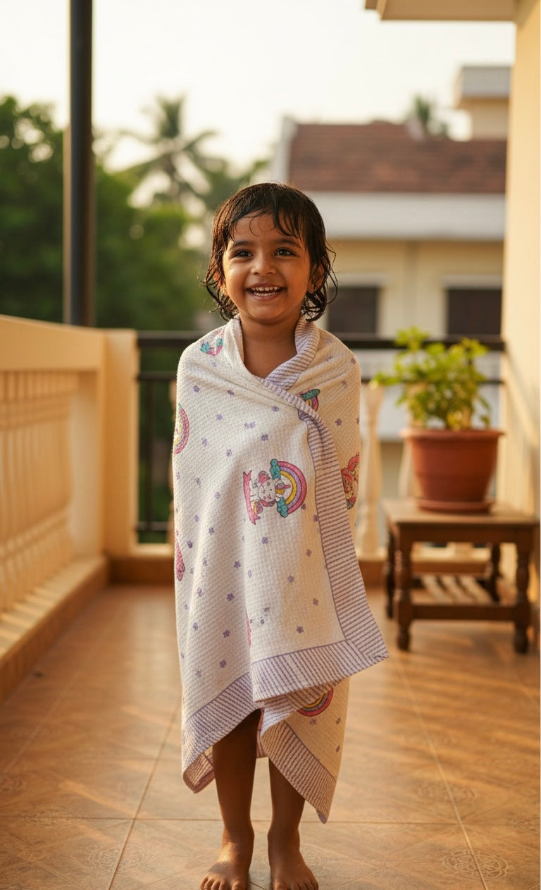 Hand Block Printed Kids Unicorn Bath Towel – Soft & Quick-Drying