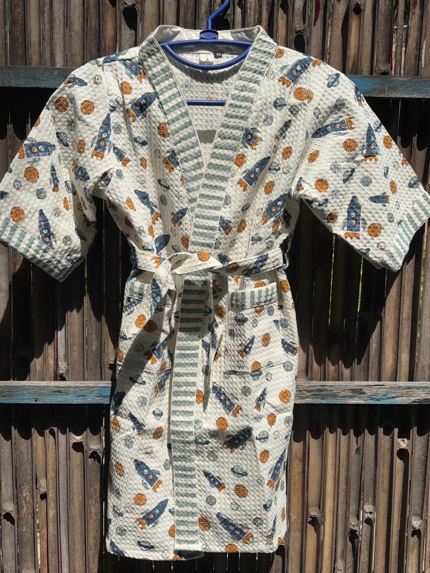 Hand Block Printed Kids Waffle Cotton Bathrobe - Space