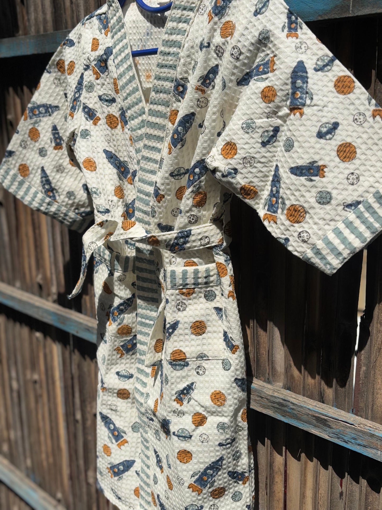 Hand Block Printed Kids Waffle Cotton Bathrobe - Space
