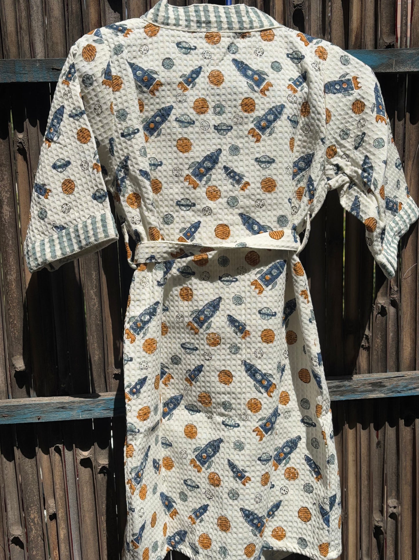 Hand Block Printed Kids Waffle Cotton Bathrobe - Space