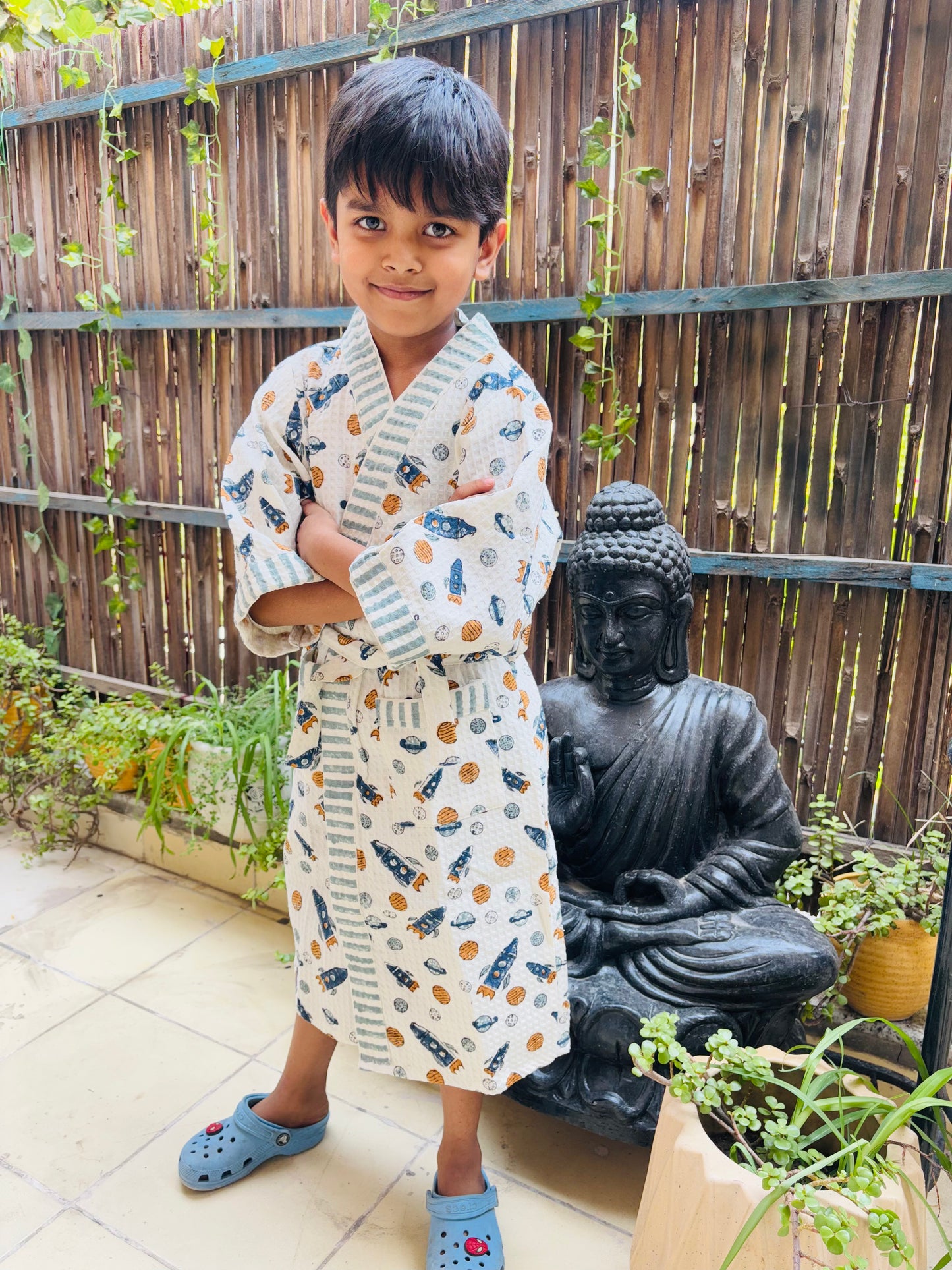 Hand Block Printed Kids Waffle Cotton Bathrobe - Space