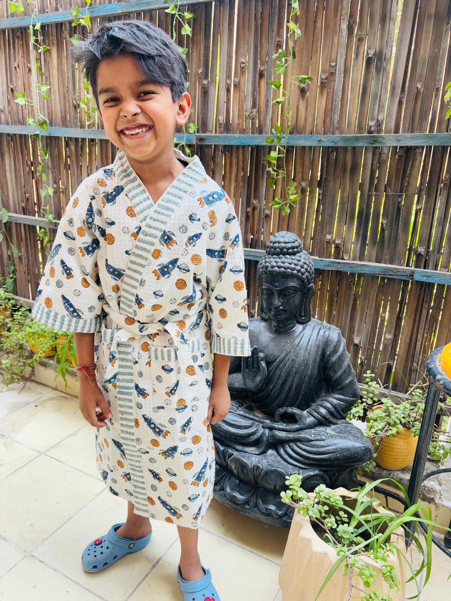 Hand Block Printed Kids Waffle Cotton Bathrobe - Space