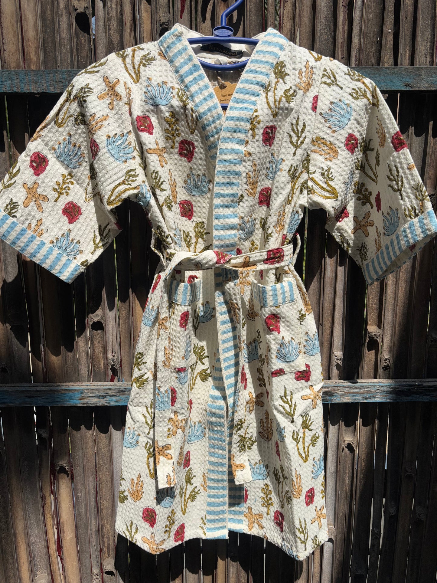 Hand Block Printed Kids Waffle Cotton Bathrobe - Deep Sea