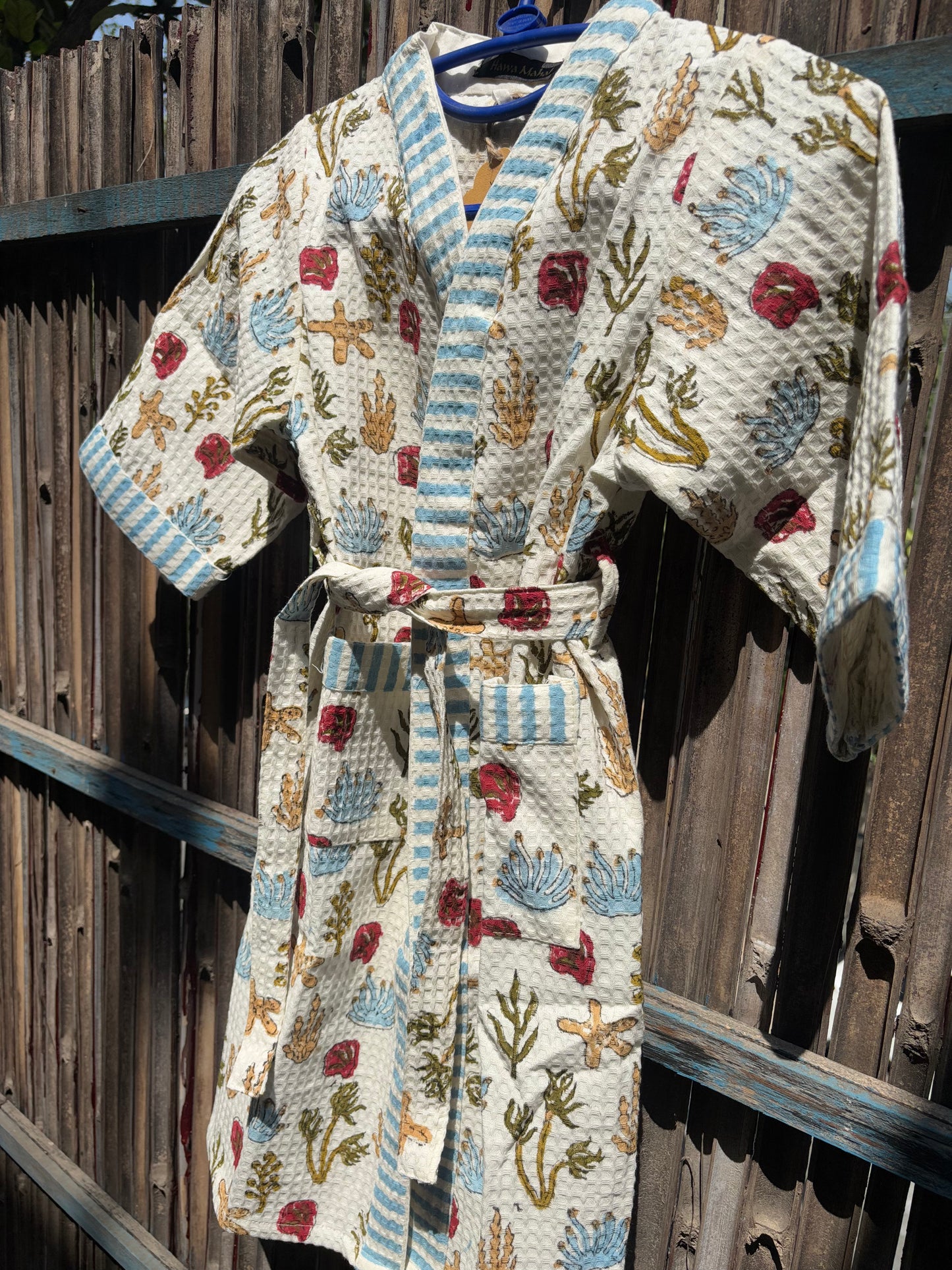 Hand Block Printed Kids Waffle Cotton Bathrobe - Deep Sea