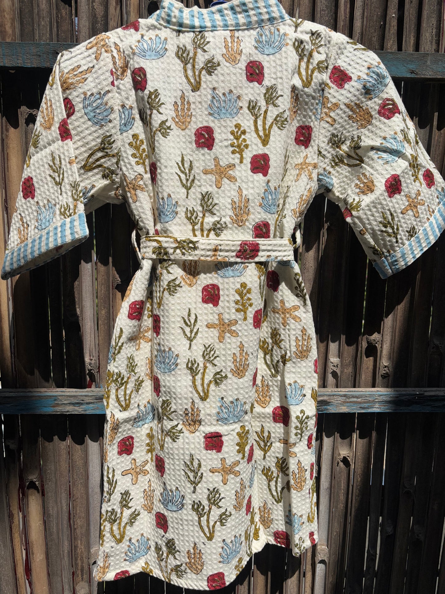 Hand Block Printed Kids Waffle Cotton Bathrobe - Deep Sea