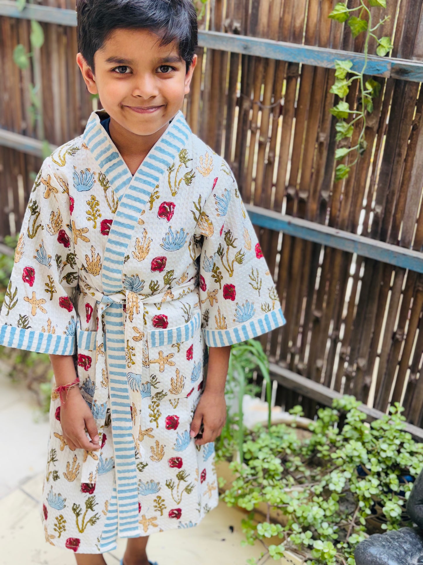 Hand Block Printed Kids Waffle Cotton Bathrobe - Deep Sea