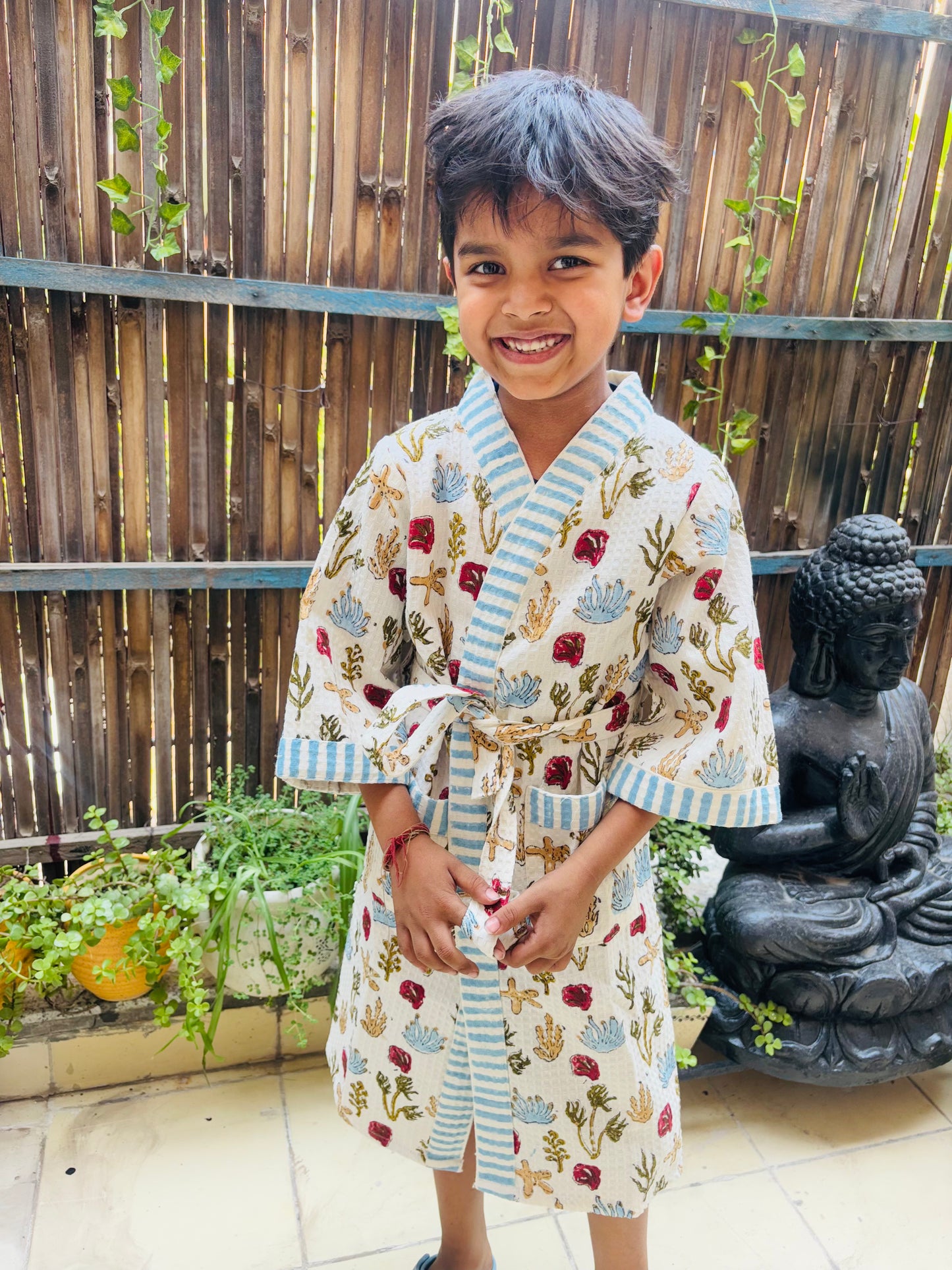 Hand Block Printed Kids Waffle Cotton Bathrobe - Deep Sea