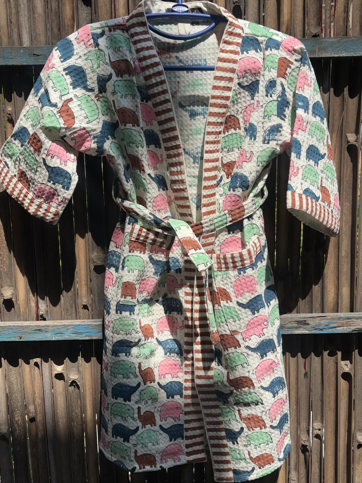 Hand Block Printed Kids Waffle Cotton Bathrobe - Elephants