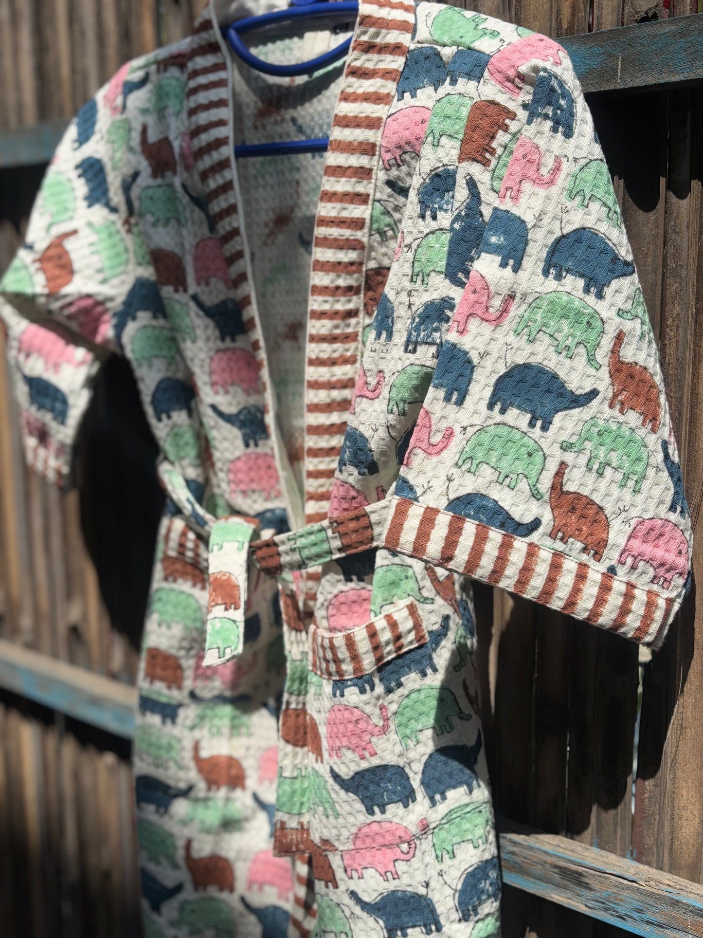 Hand Block Printed Kids Waffle Cotton Bathrobe - Elephants