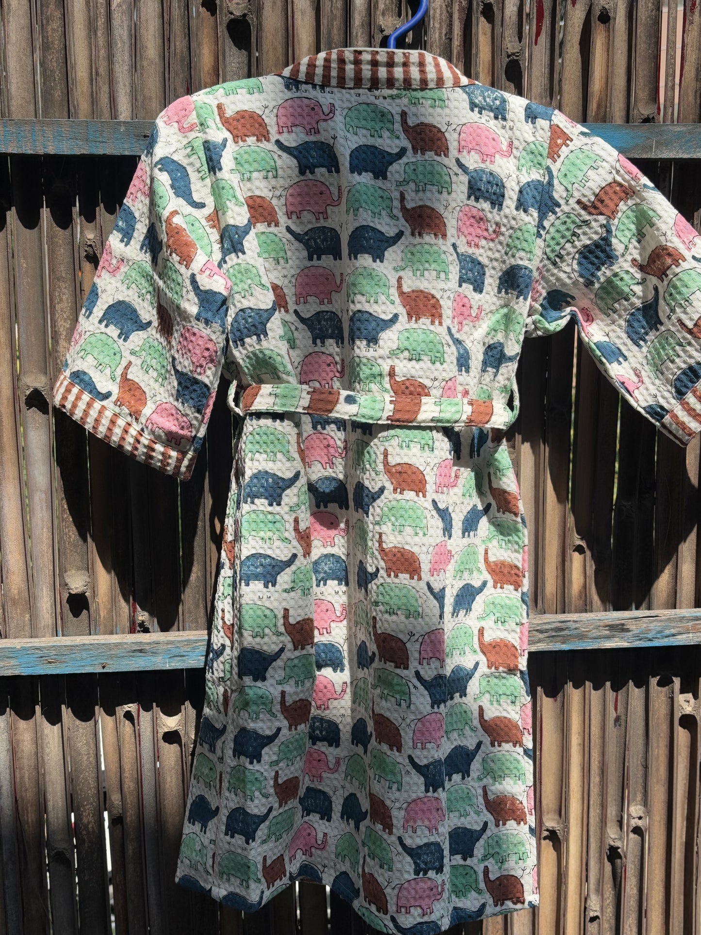 Hand Block Printed Kids Waffle Cotton Bathrobe - Elephants