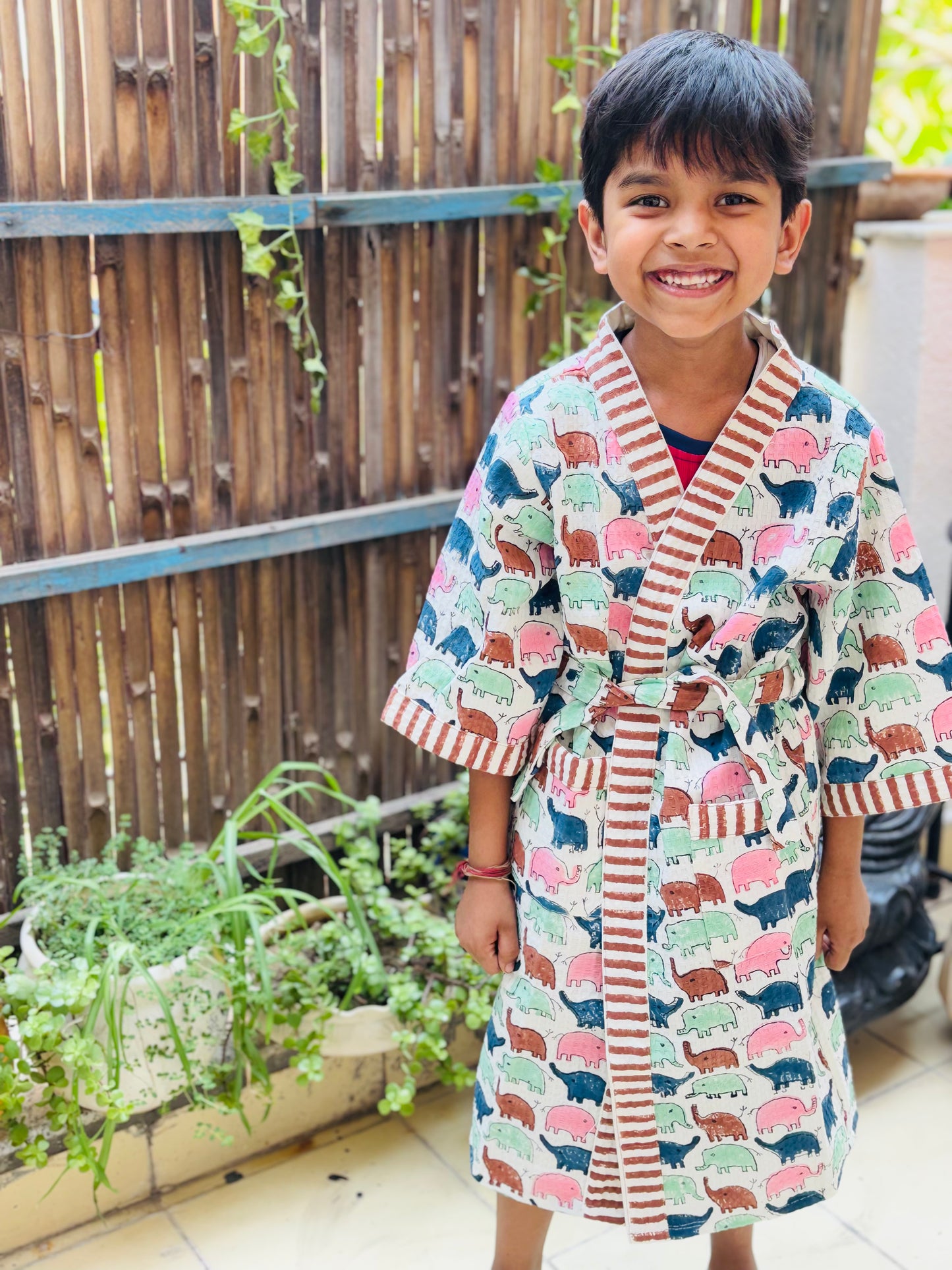 Hand Block Printed Kids Waffle Cotton Bathrobe - Elephants
