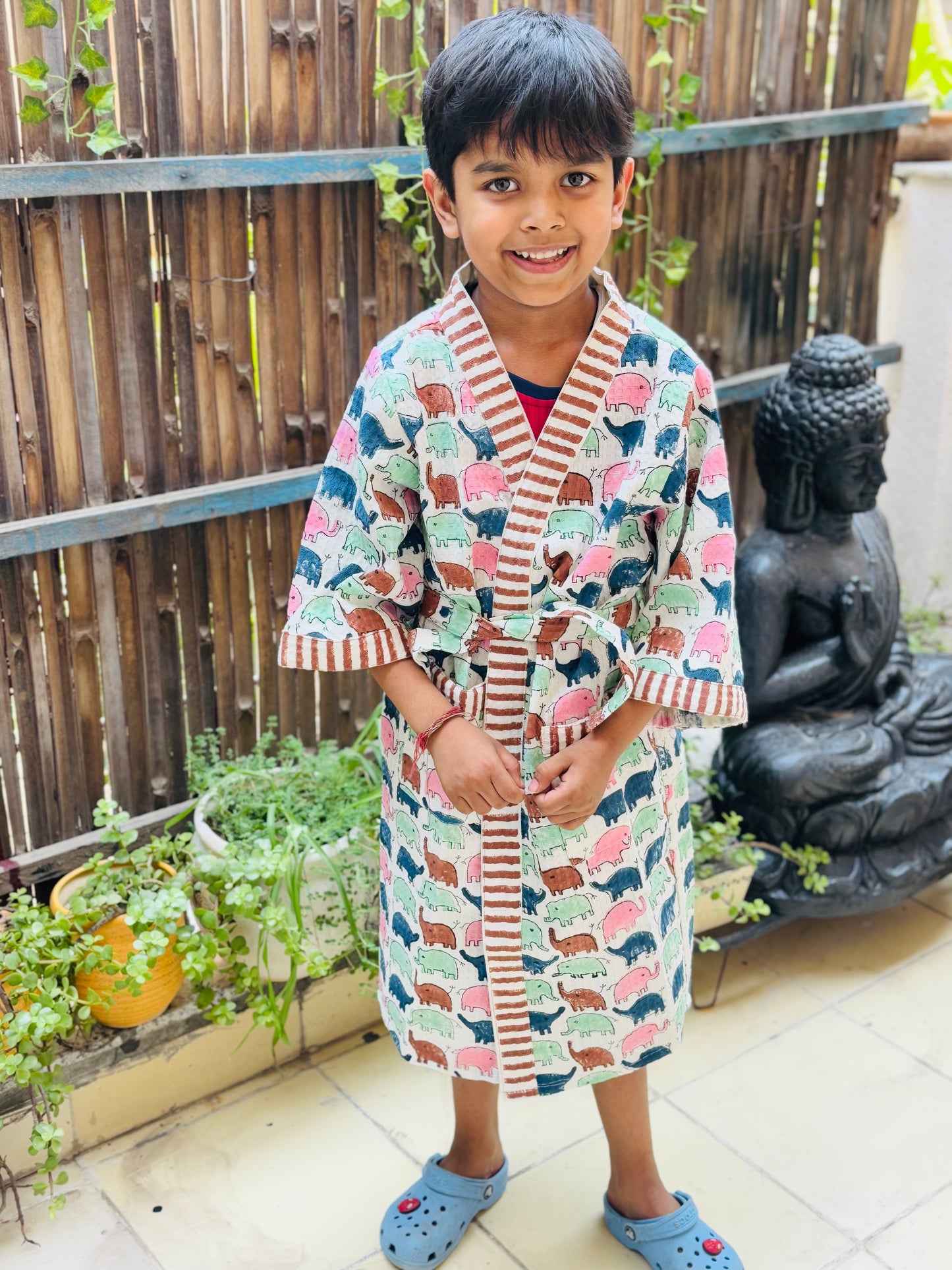Hand Block Printed Kids Waffle Cotton Bathrobe - Elephants