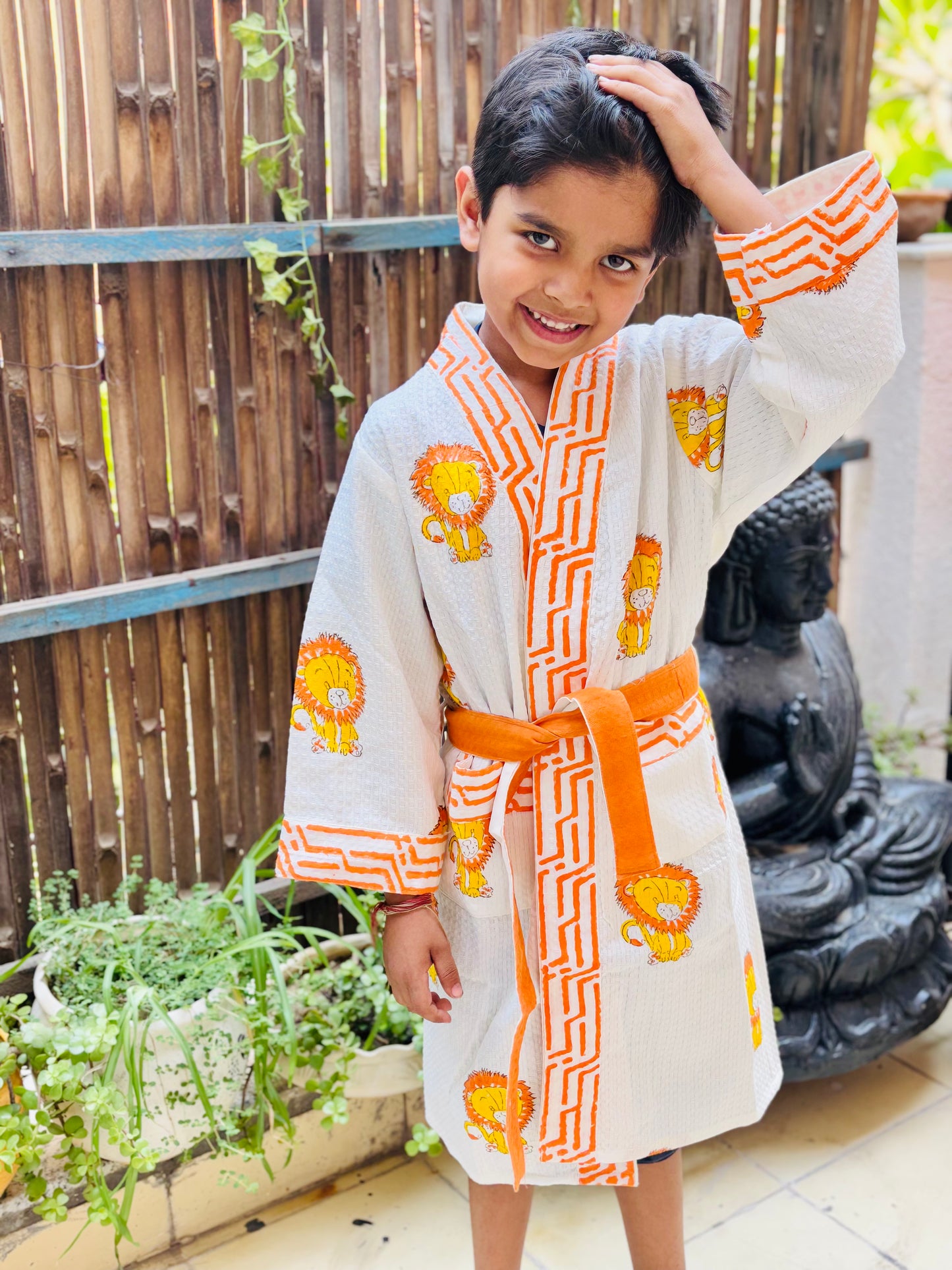 Hand Block Printed Kids Waffle Cotton Bathrobe - Simba