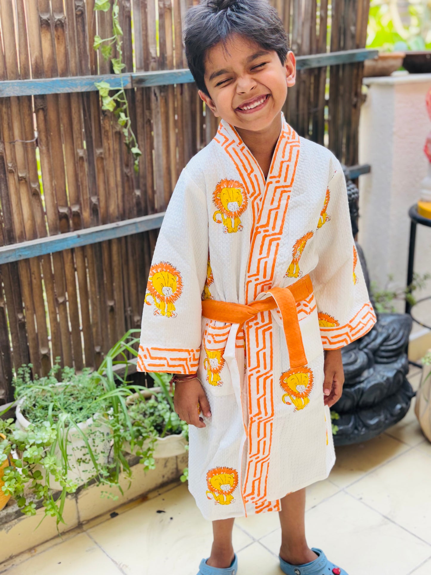 Hand Block Printed Kids Waffle Cotton Bathrobe - Simba