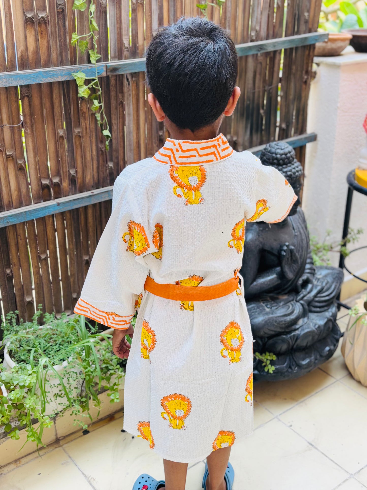 Hand Block Printed Kids Waffle Cotton Bathrobe - Simba
