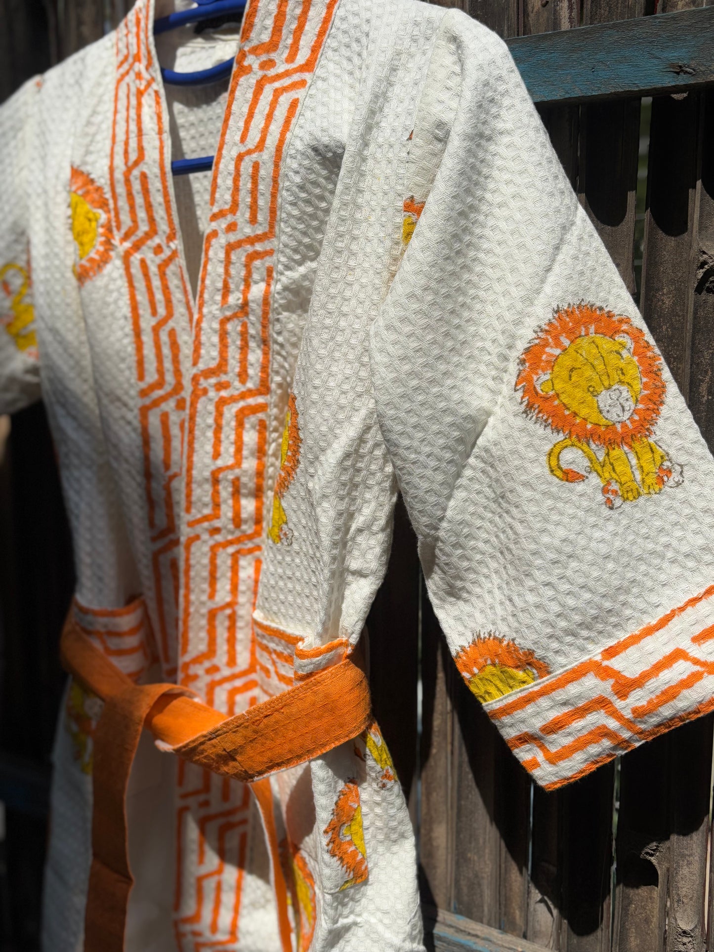 Hand Block Printed Kids Waffle Cotton Bathrobe - Simba