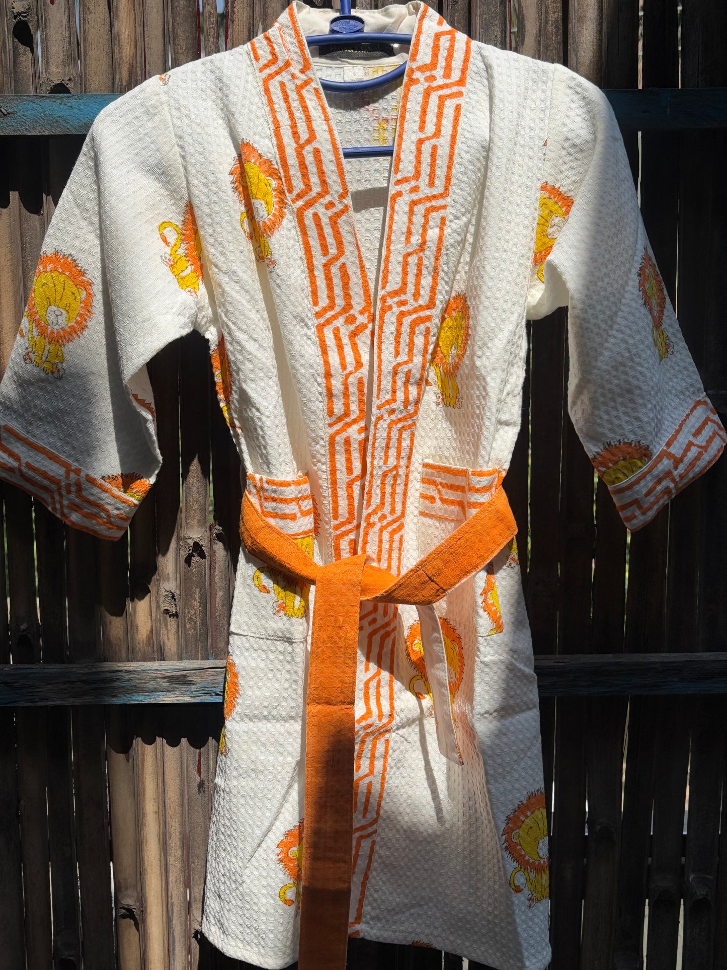 Hand Block Printed Kids Waffle Cotton Bathrobe - Simba
