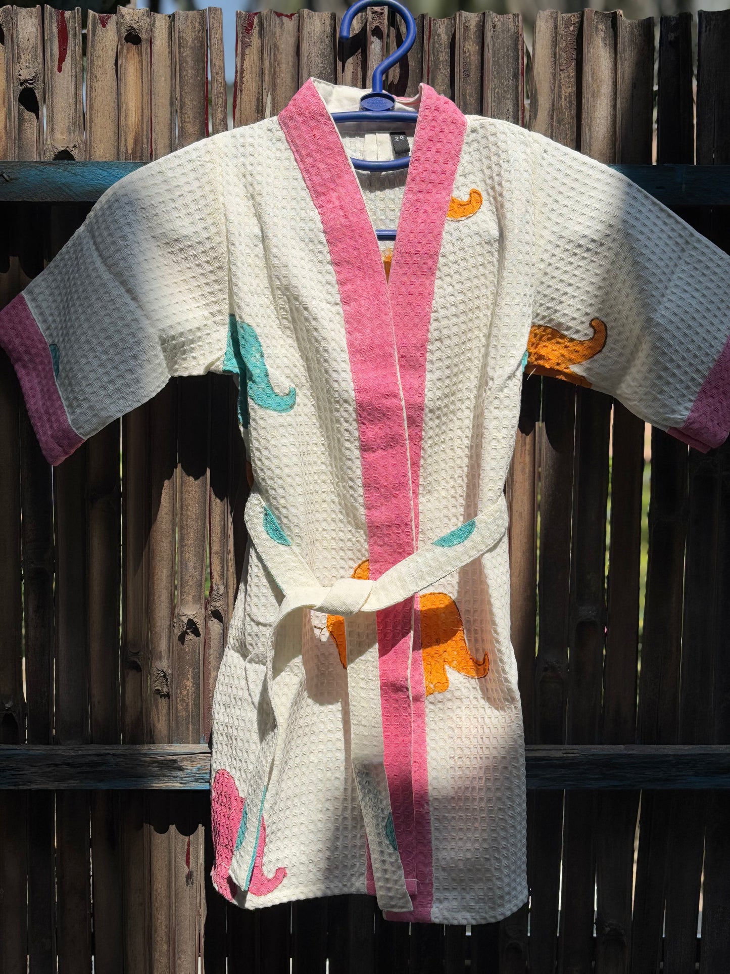 Hand Block Printed Kids Waffle Cotton Bathrobe - Elephants