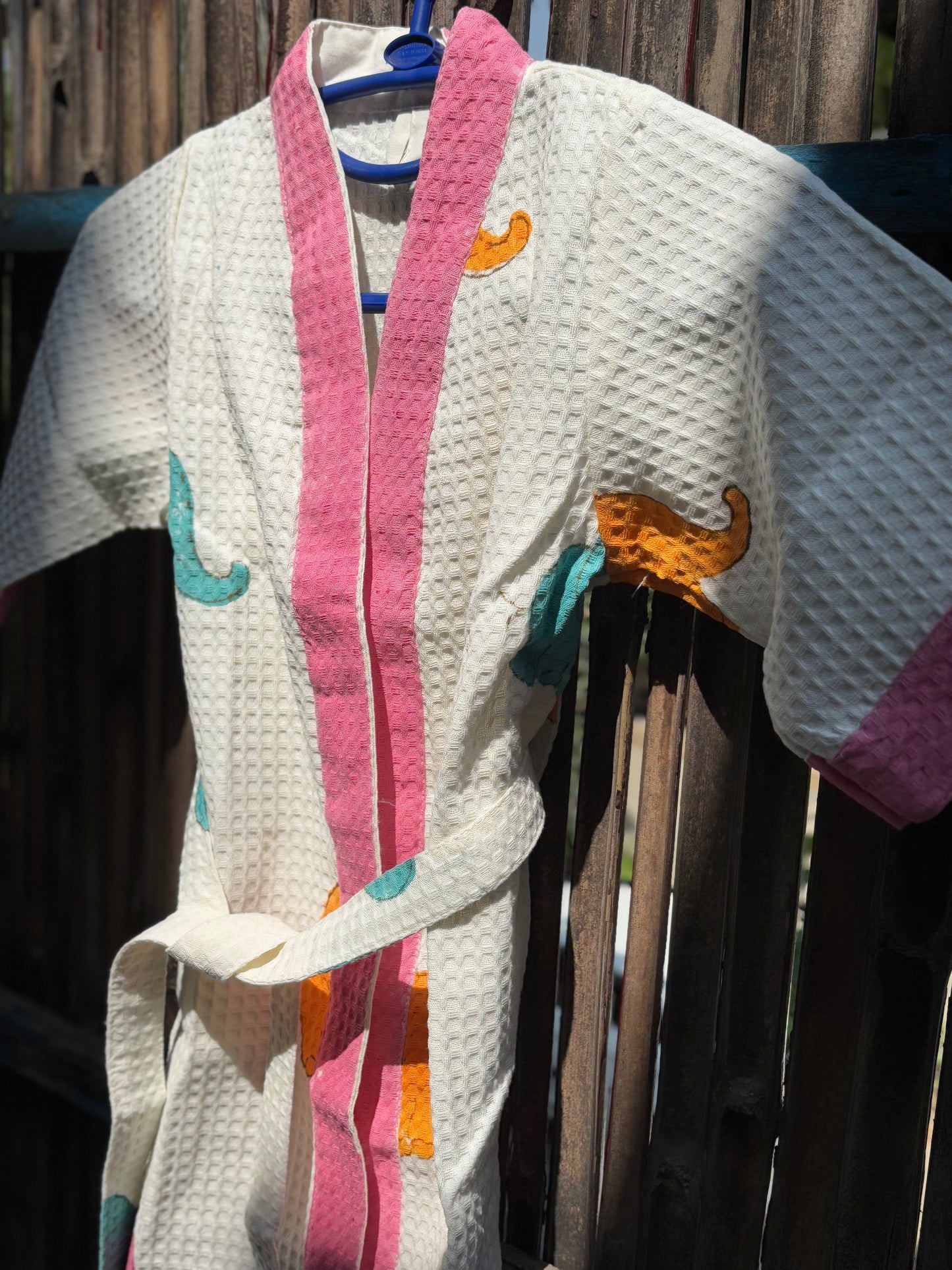 Hand Block Printed Kids Waffle Cotton Bathrobe - Elephants