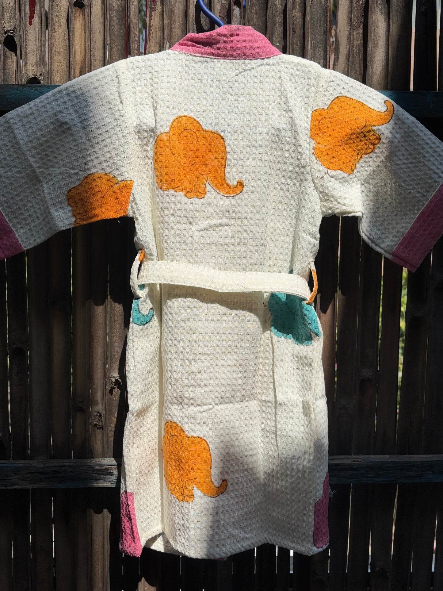 Hand Block Printed Kids Waffle Cotton Bathrobe - Elephants