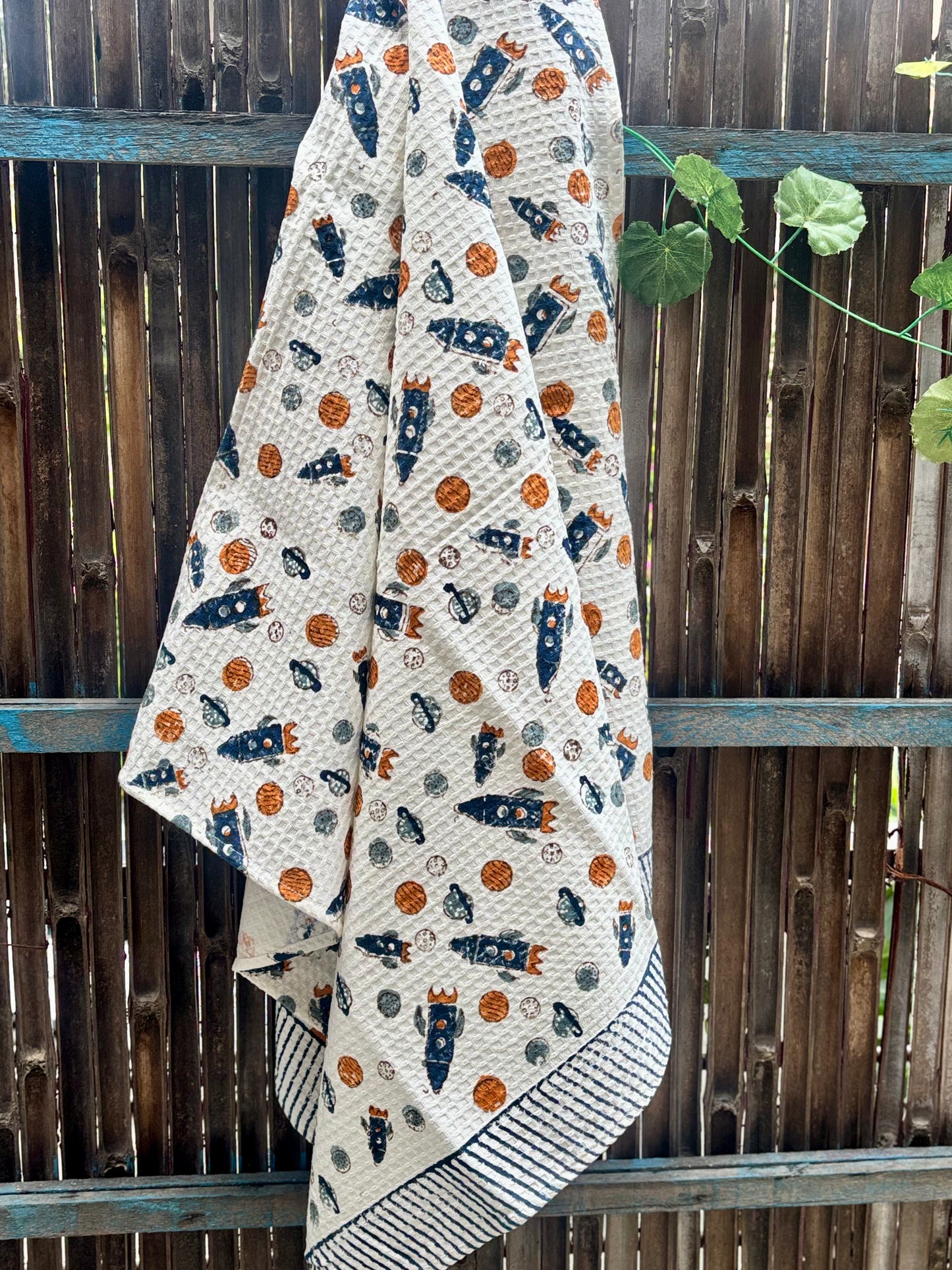 Hand Block Printed Kids Rocket Bath Towel – Soft & Quick-Drying