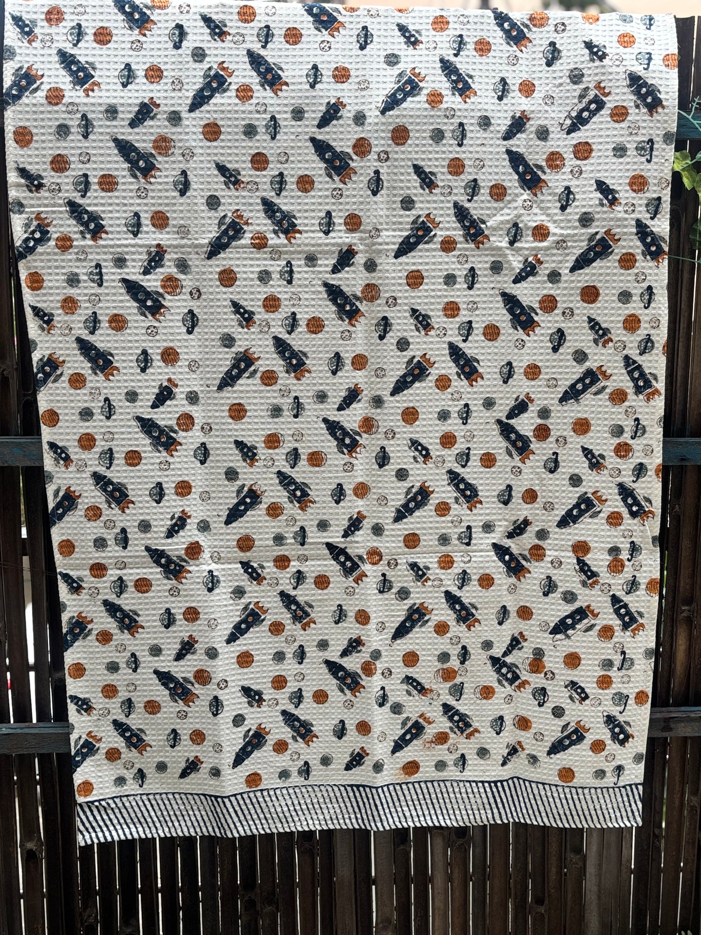 Hand Block Printed Kids Rocket Bath Towel – Soft & Quick-Drying