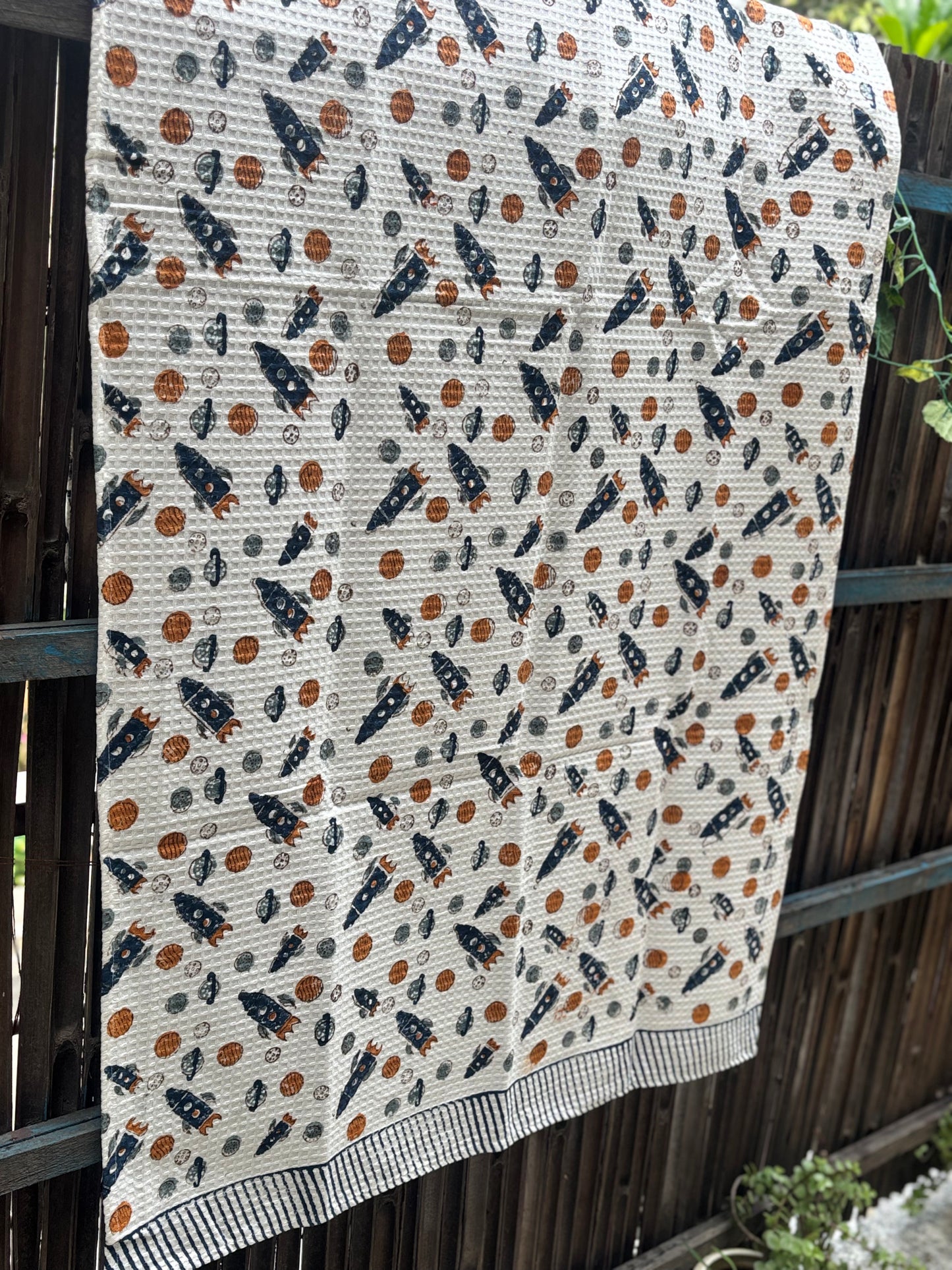 Hand Block Printed Kids Rocket Bath Towel – Soft & Quick-Drying