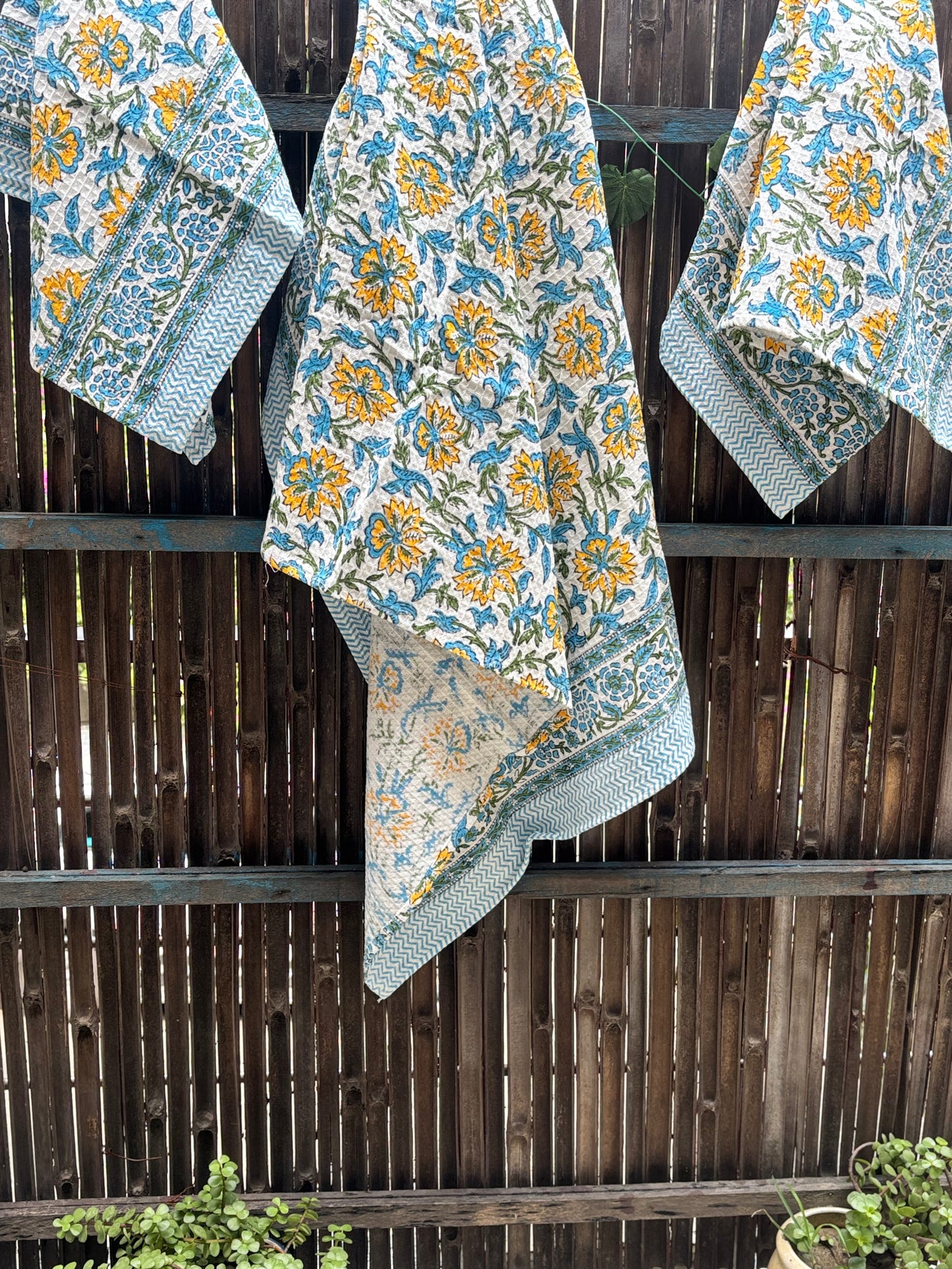 Blue Floral Handblock Towels - Set of 3