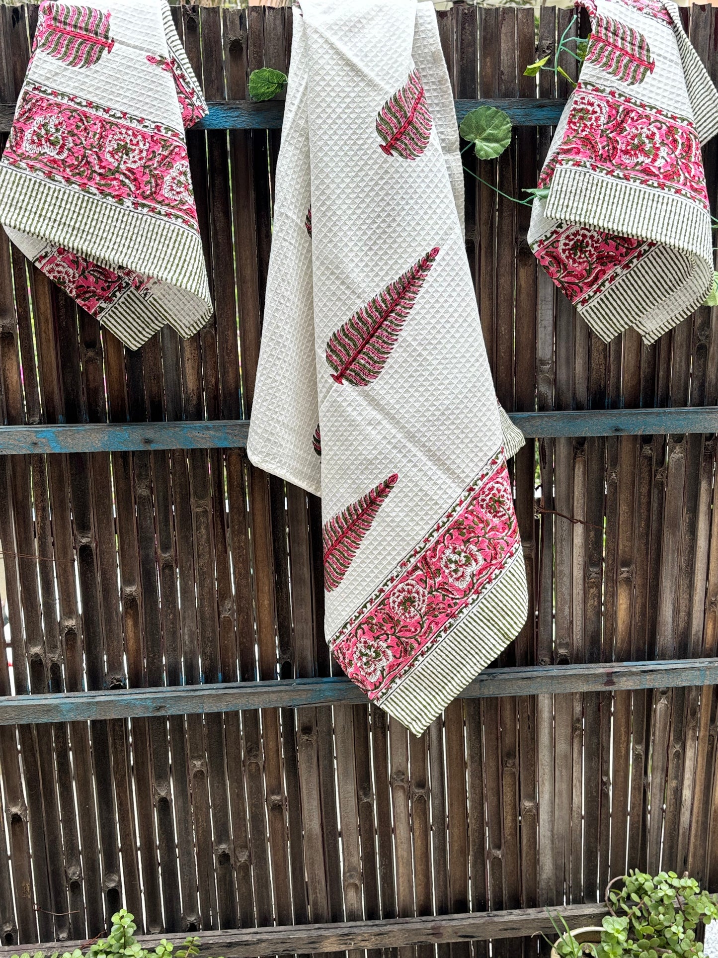 Pink Floral Handblock Towels - Set of 3