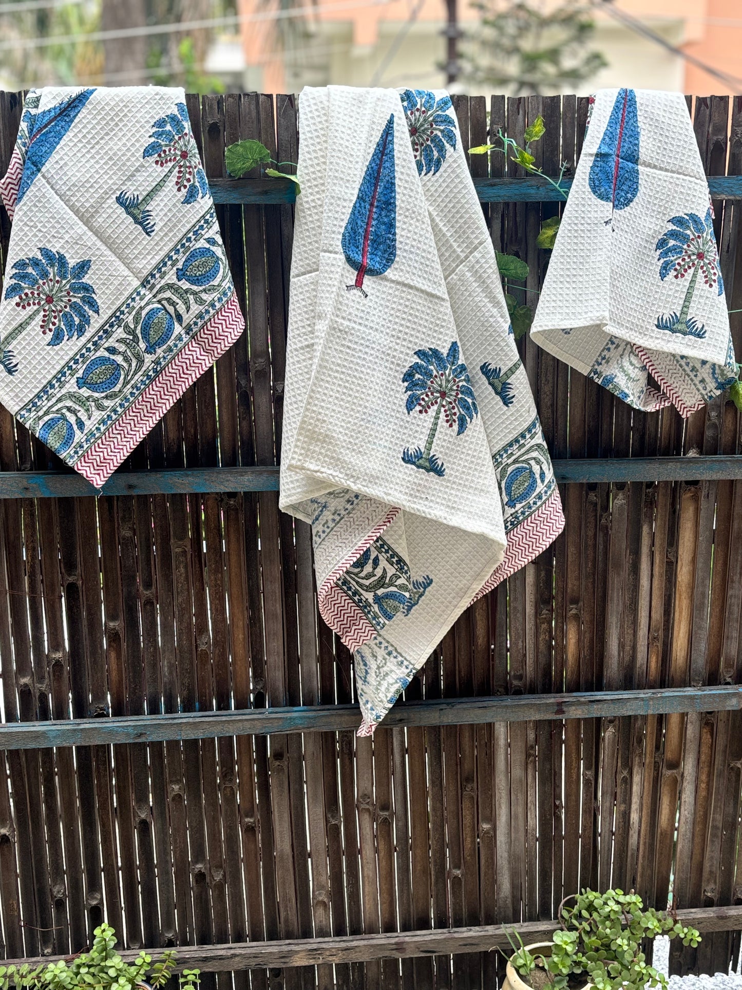 Blue Palm Handblock Towels - Set of 3