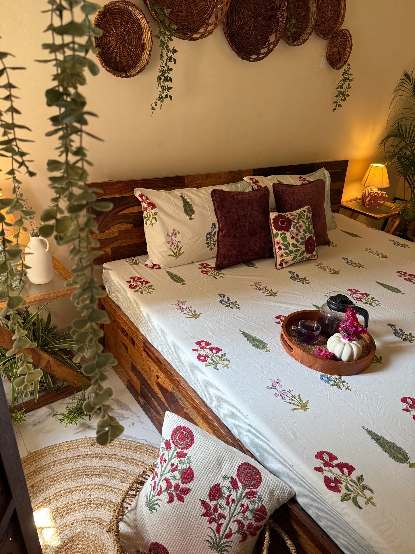 Phool Bagh Collection - Hand Block Printed King Bedsheet with Reversible Pillow Covers (90 x 108 inches)