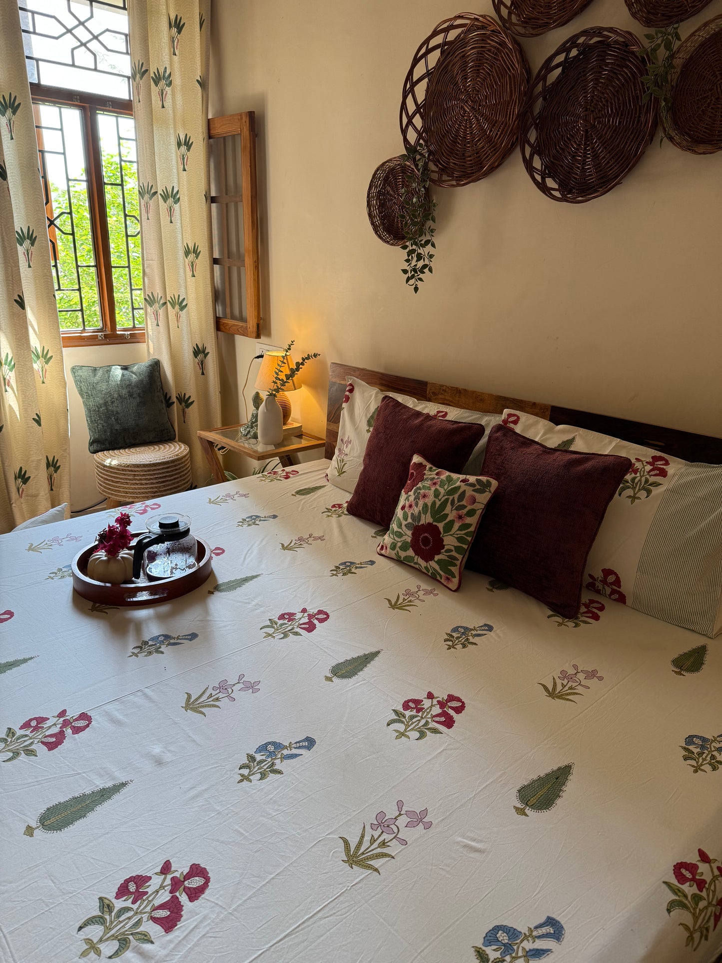 Phool Bagh Collection - Hand Block Printed King Bedsheet with Reversible Pillow Covers (90 x 108 inches)