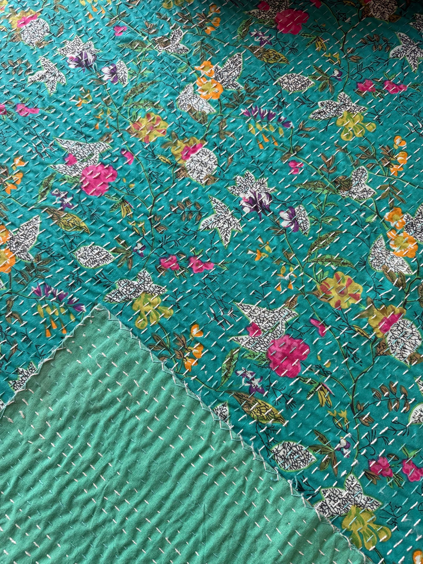 Teal Kantha Luxury Bedcover - 90x108 inch