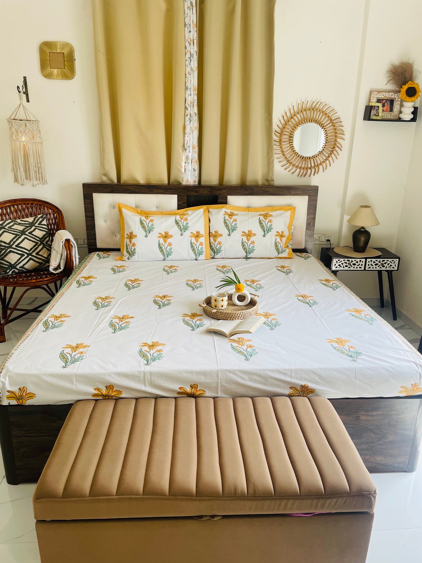 Sunhera Bagh Collection - Hand Block Printed King Bedsheet with Reversible Pillow Covers (90 x 108 inches)