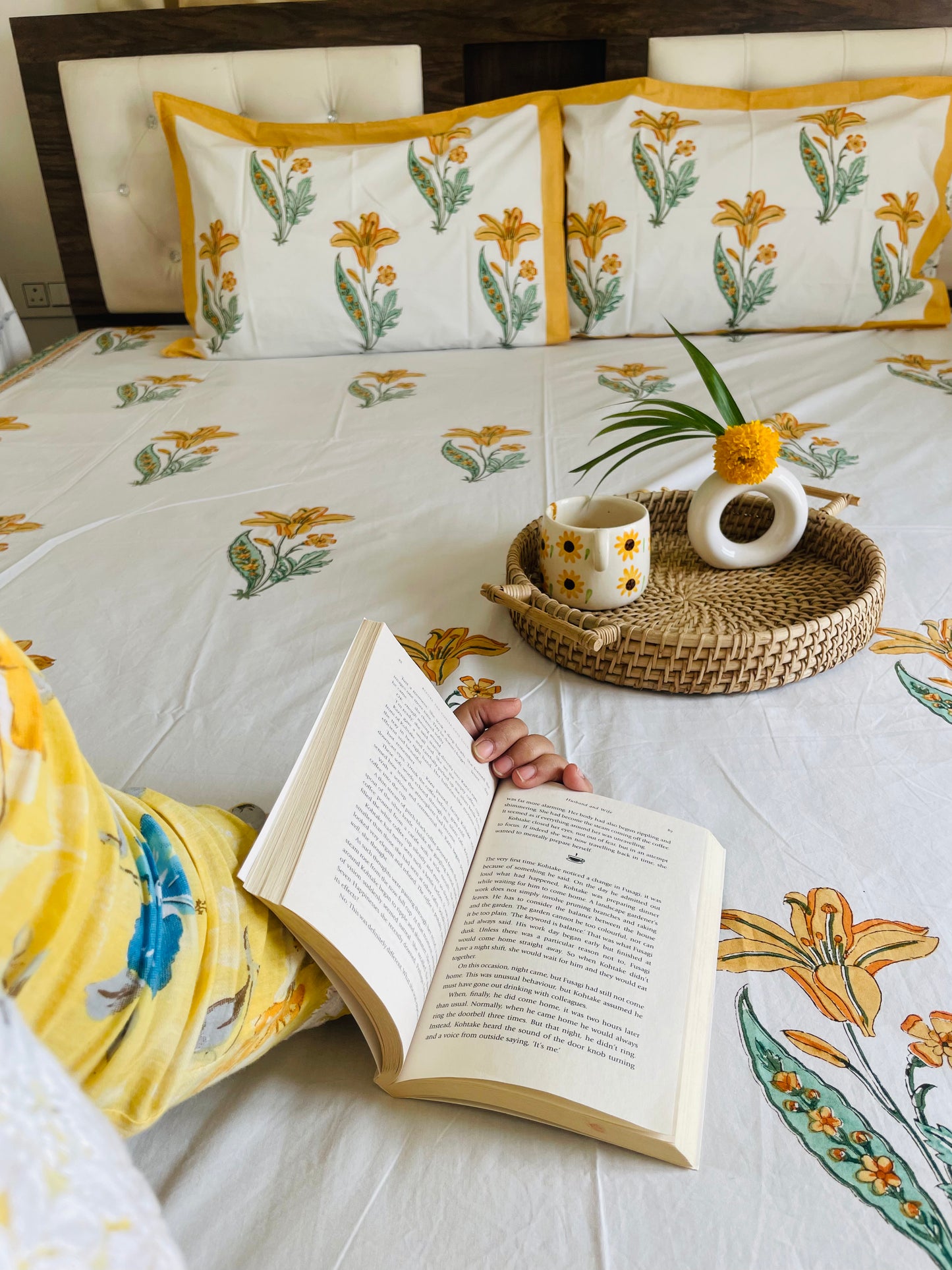 Sunhera Bagh Collection - Hand Block Printed King Bedsheet with Reversible Pillow Covers (90 x 108 inches)