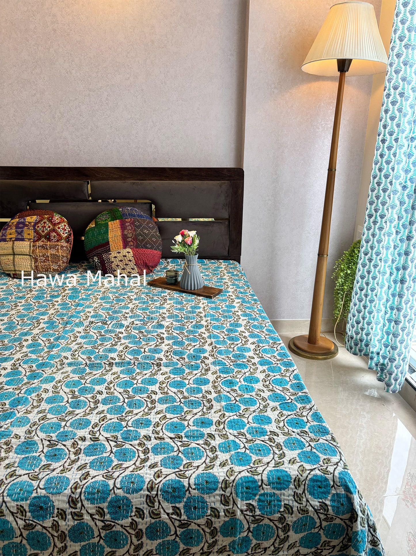 Light Blue Kantha Luxury Bedcover - 90x108 inch