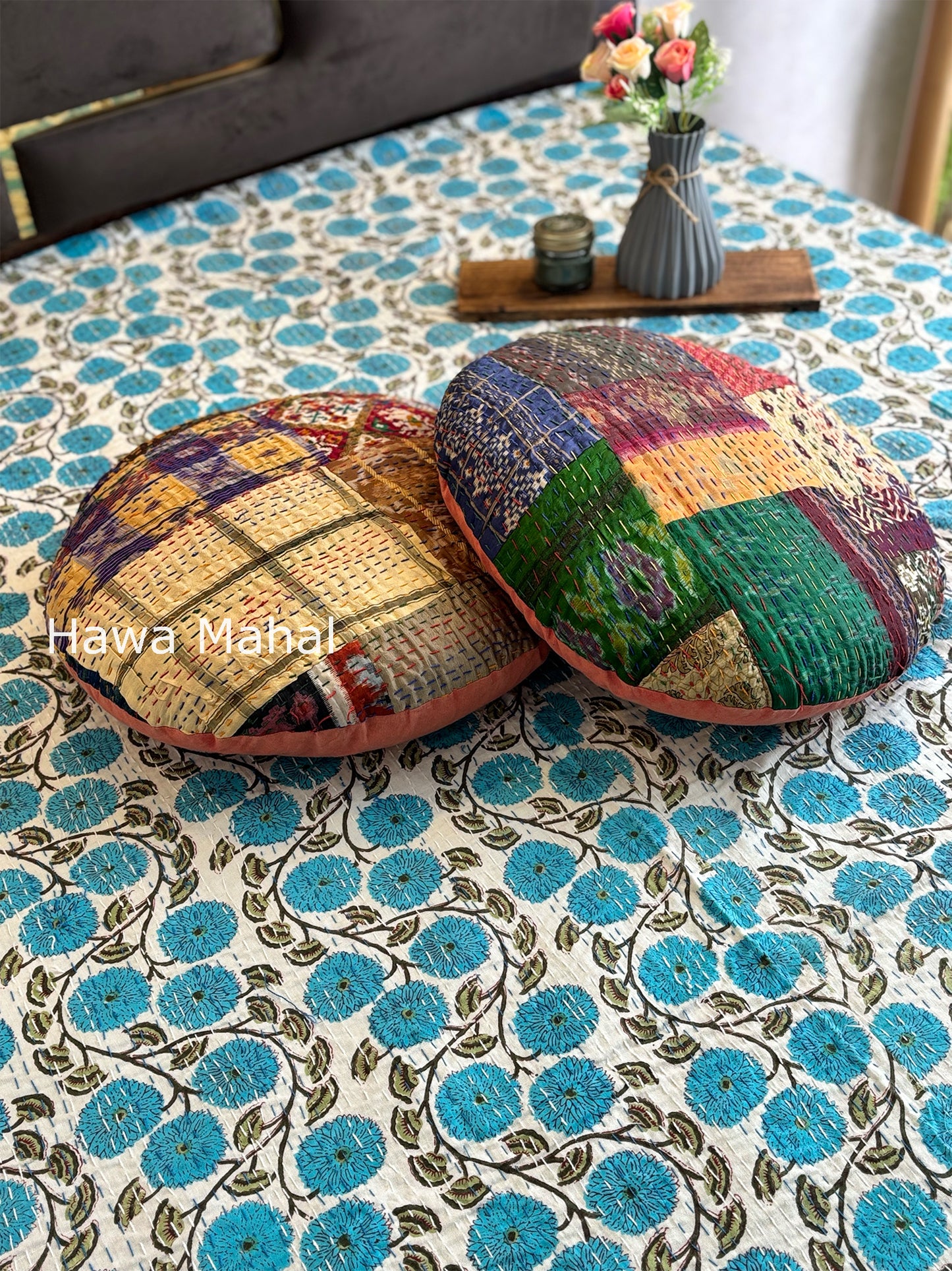 Light Blue Kantha Luxury Bedcover - 90x108 inch